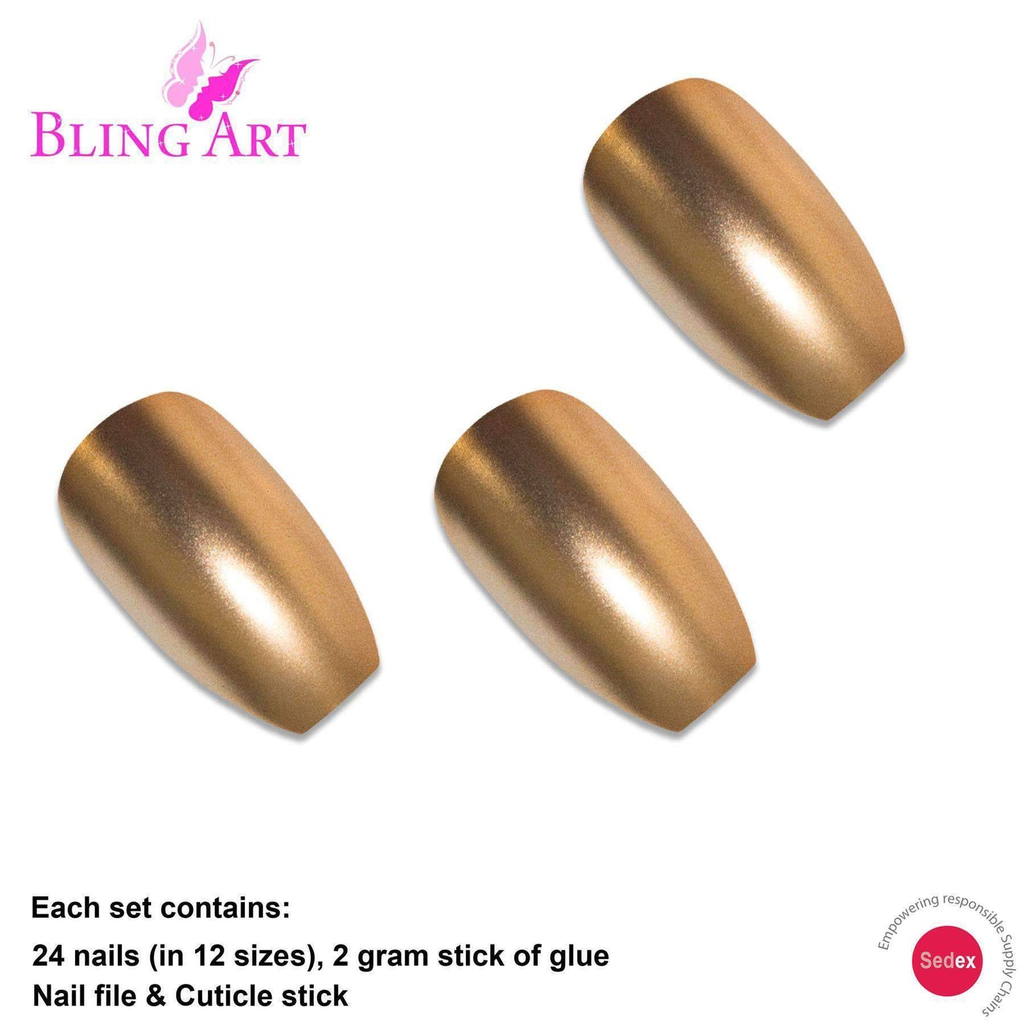 False Nails by Bling Art Gold Matte Metallic Ballerina Coffin Fake