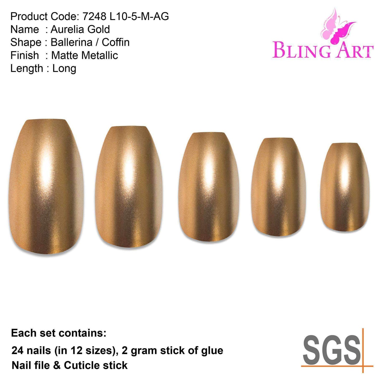 False Nails by Bling Art Gold Matte Metallic Ballerina Coffin Fake