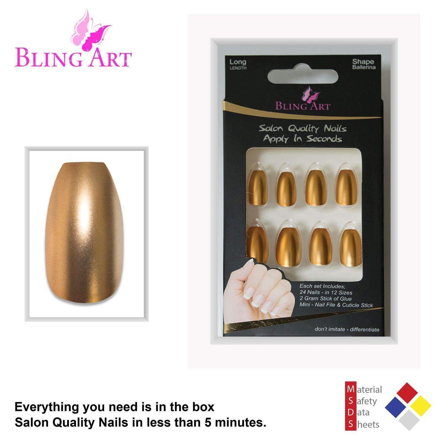 False Nails by Bling Art Gold Matte Metallic Ballerina Coffin Fake