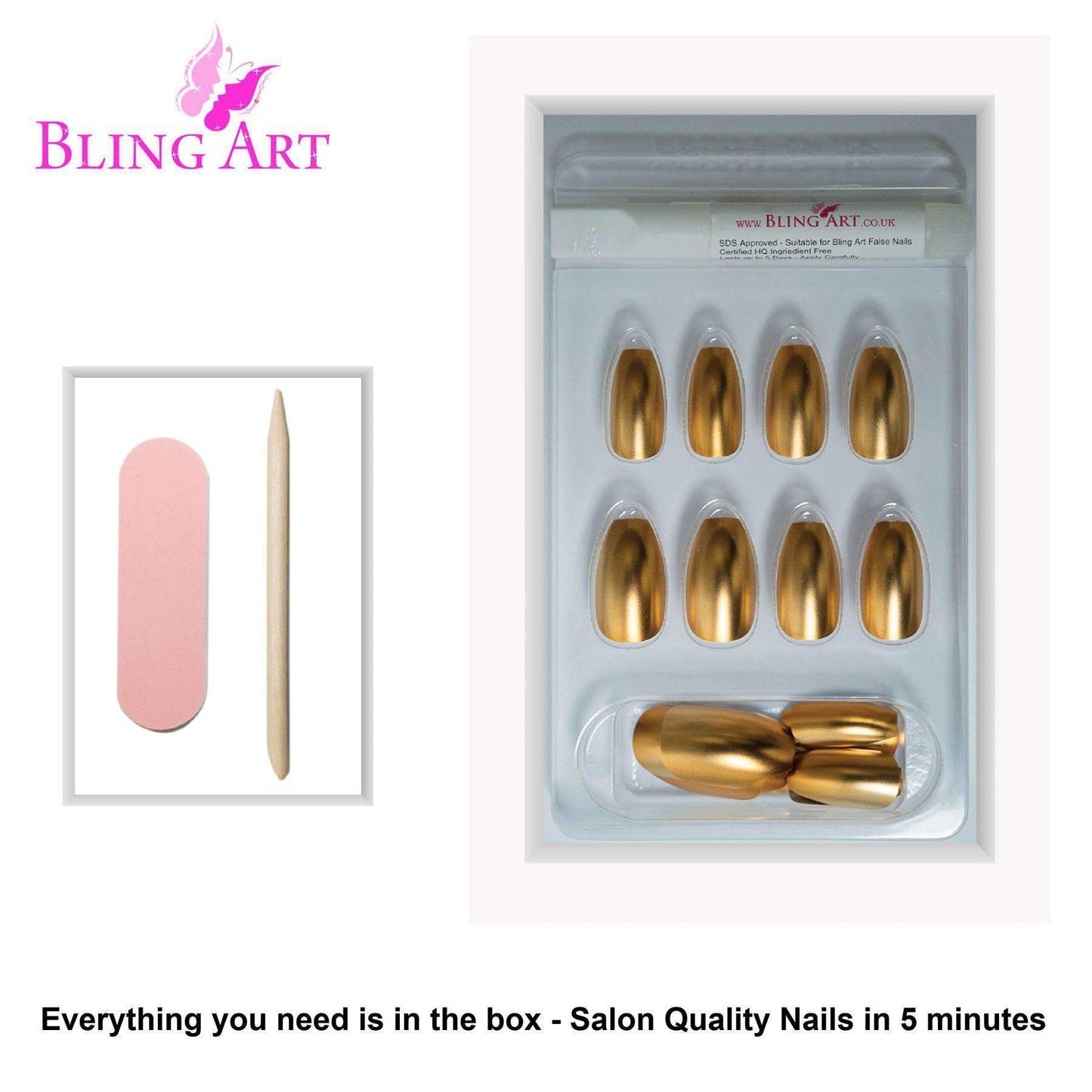 False Nails by Bling Art Gold Matte Metallic Ballerina Coffin Fake