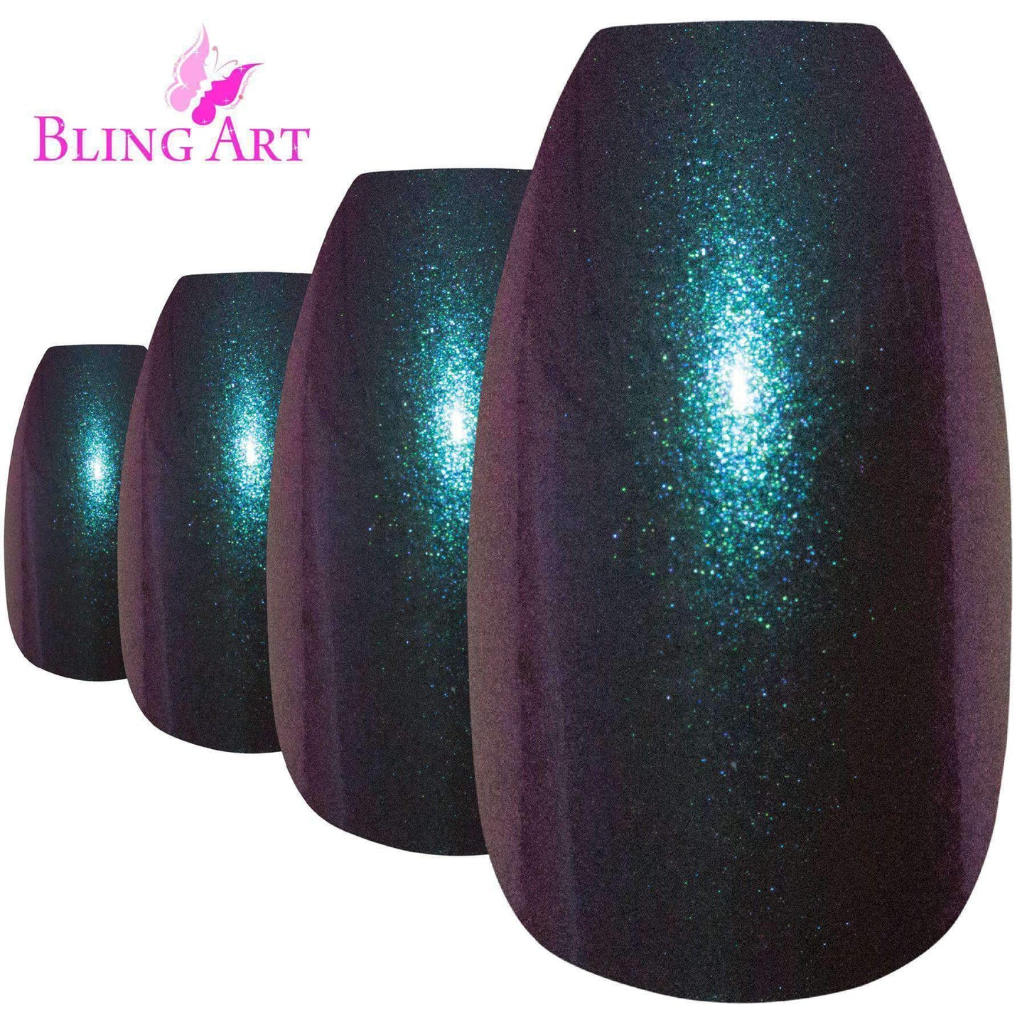 False Nails by Bling Art Green Purple Chameleon Ballerina Coffin 24