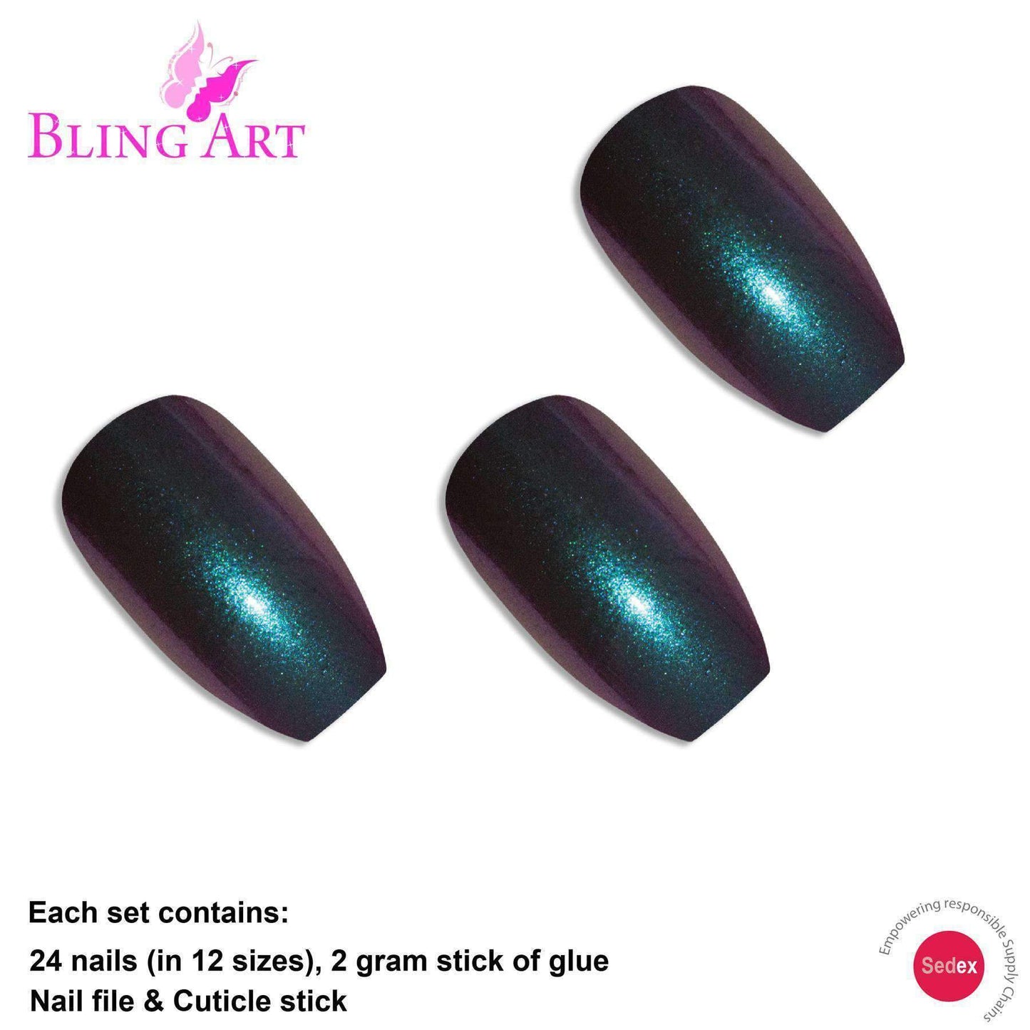 False Nails by Bling Art Green Purple Chameleon Ballerina Coffin 24