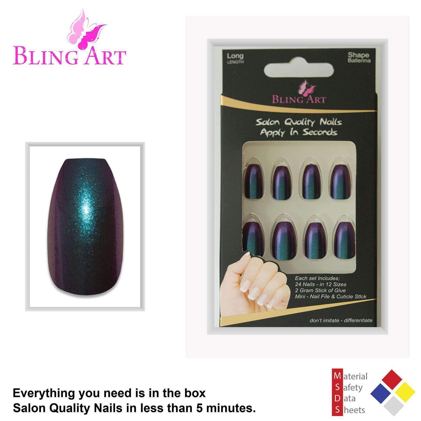 False Nails by Bling Art Green Purple Chameleon Ballerina Coffin 24