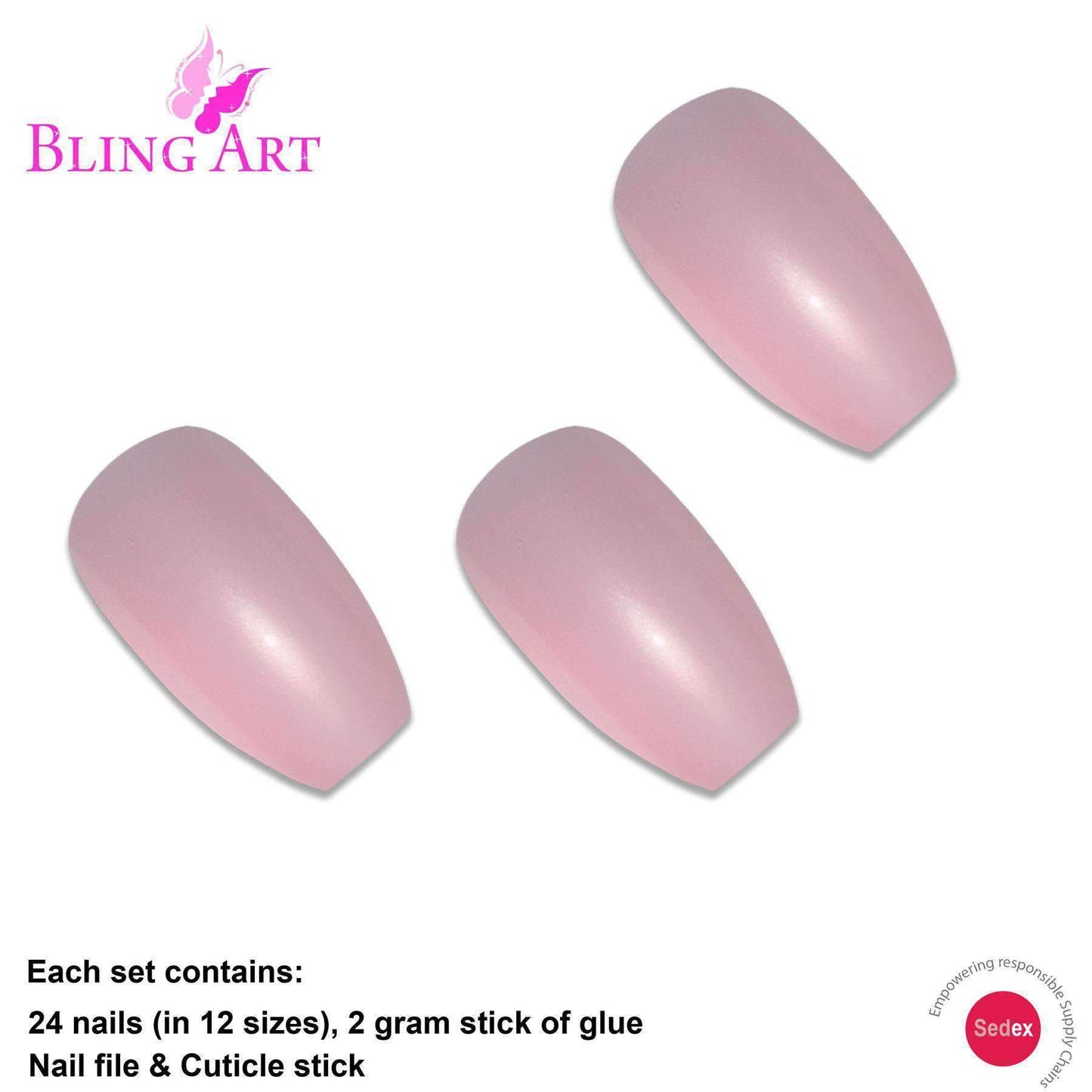 False Nails by Bling Art Pink Glitter Ballerina Coffin 24 Fake Long