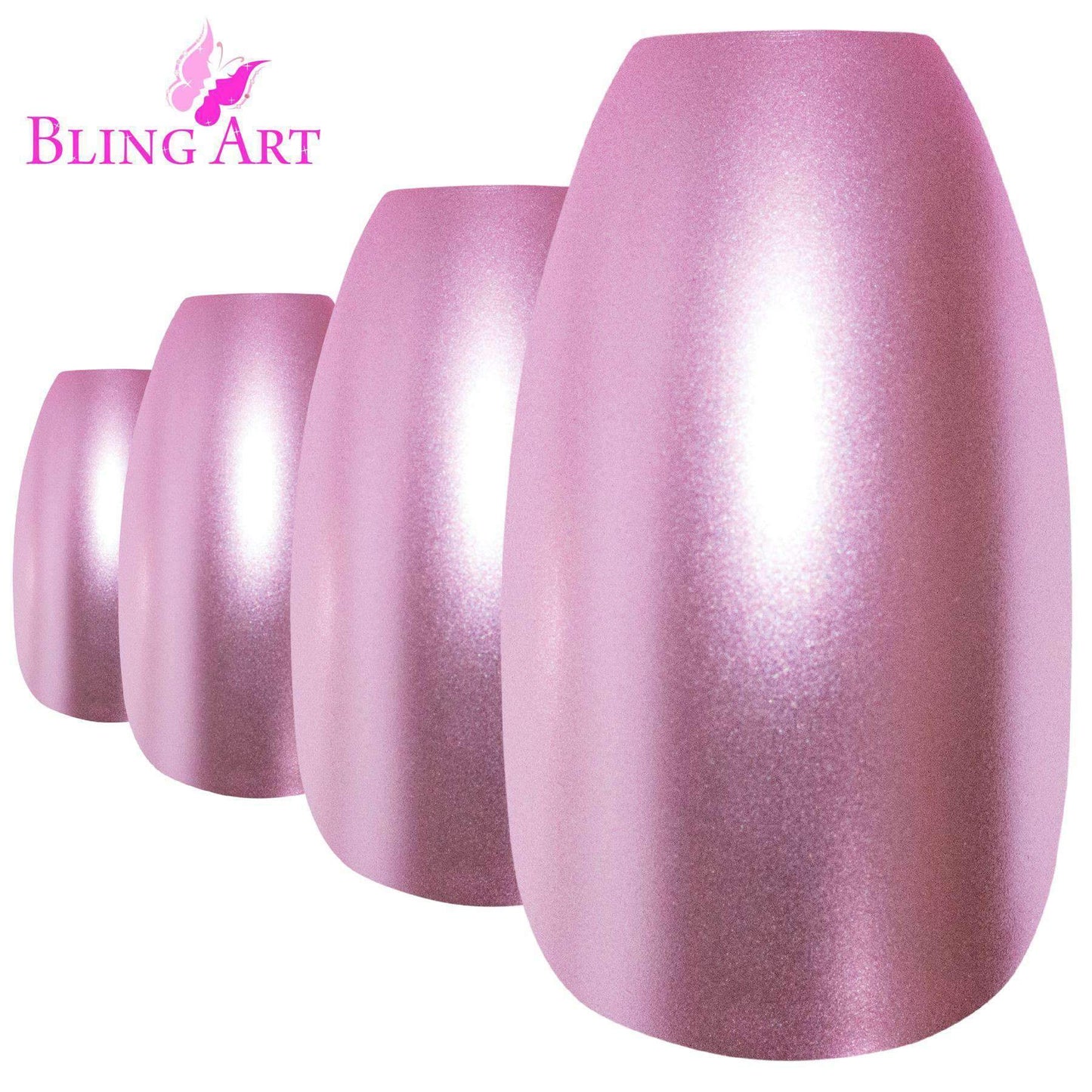 False Nails by Bling Art Pink Matte Metallic Ballerina Coffin Fake