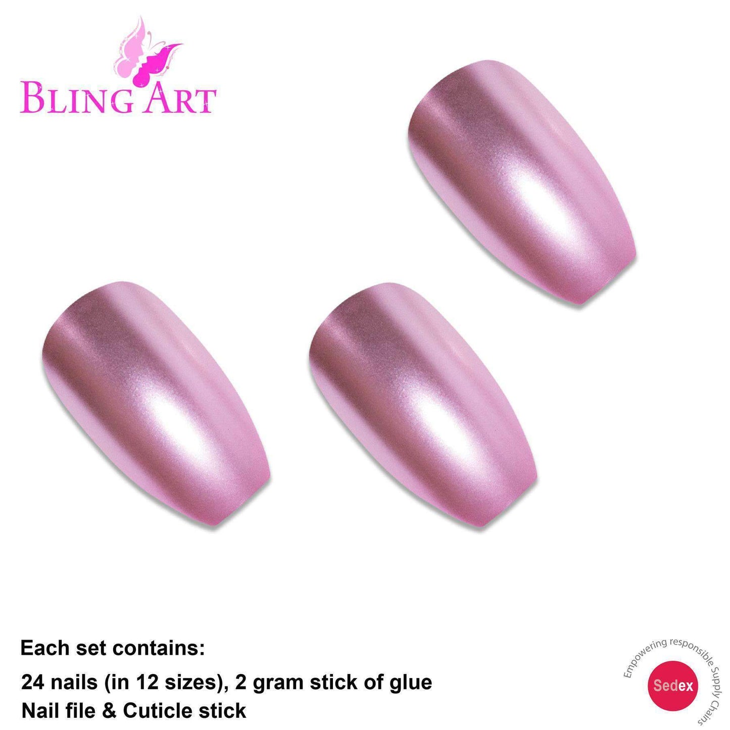 False Nails by Bling Art Pink Matte Metallic Ballerina Coffin Fake