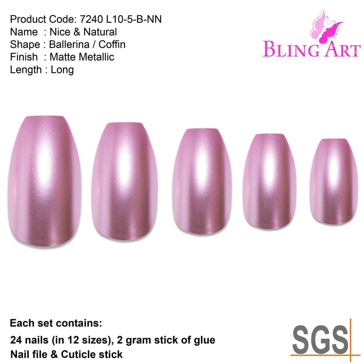 False Nails by Bling Art Pink Matte Metallic Ballerina Coffin Fake