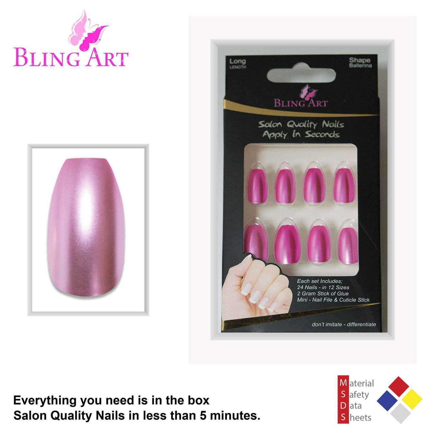 False Nails by Bling Art Pink Matte Metallic Ballerina Coffin Fake