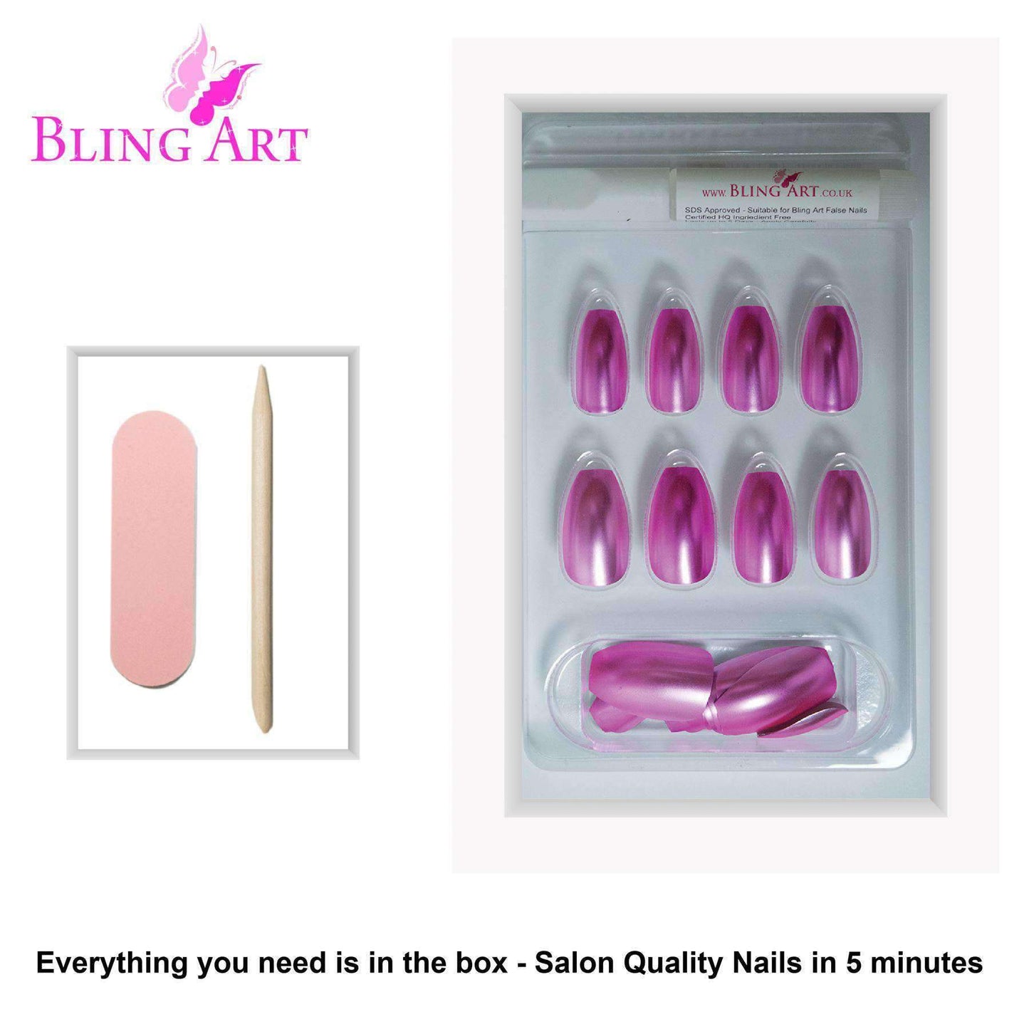 False Nails by Bling Art Pink Matte Metallic Ballerina Coffin Fake