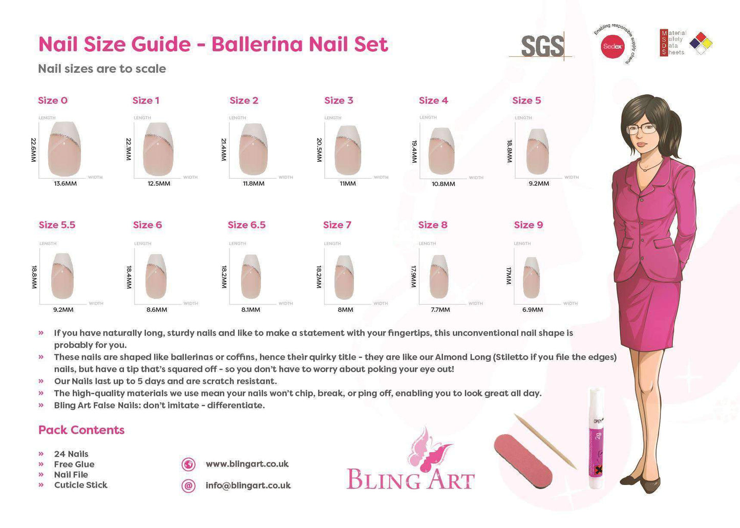 False Nails by Bling Art Pink Matte Metallic Ballerina Coffin Fake