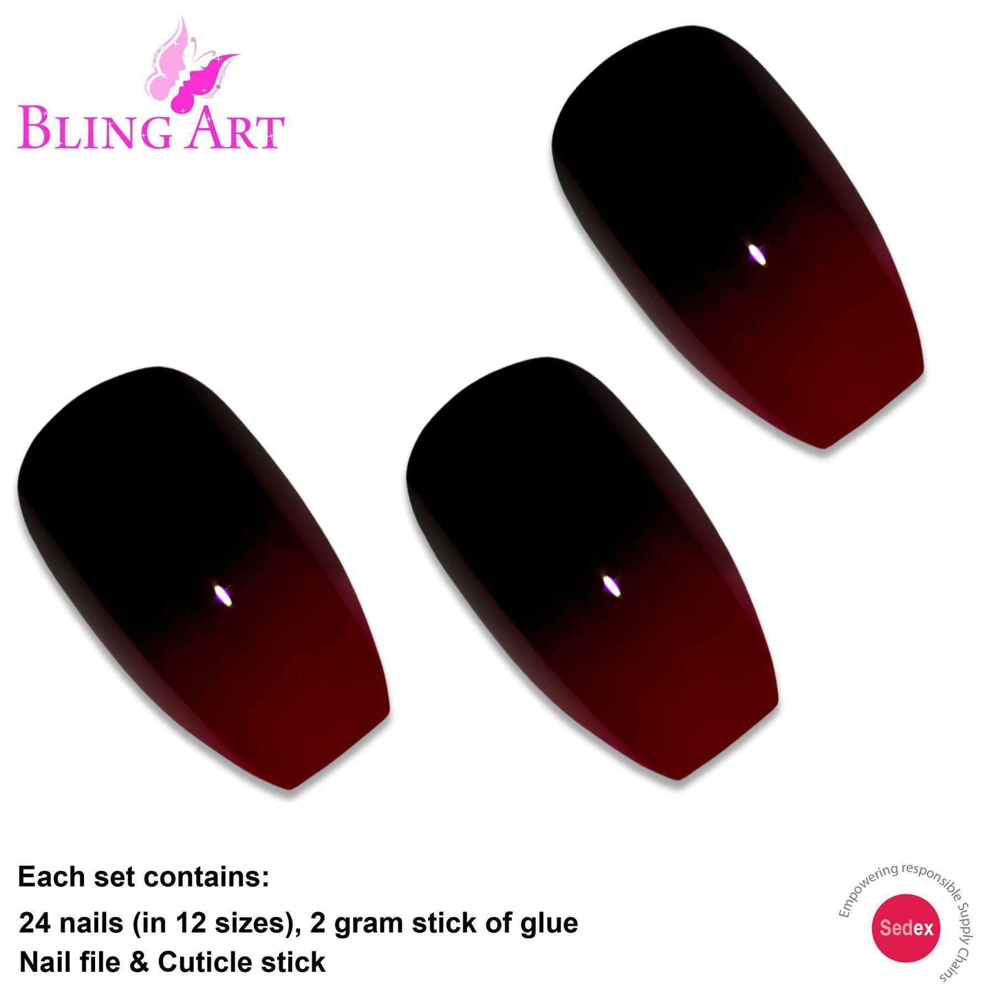 False Nails by Bling Art Red Black Ballerina Coffin Acrylic 24 Fake