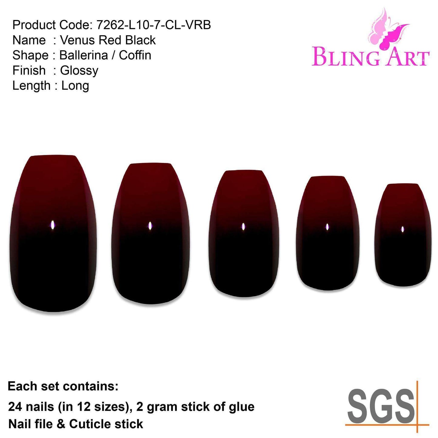 False Nails by Bling Art Red Black Ballerina Coffin Acrylic 24 Fake