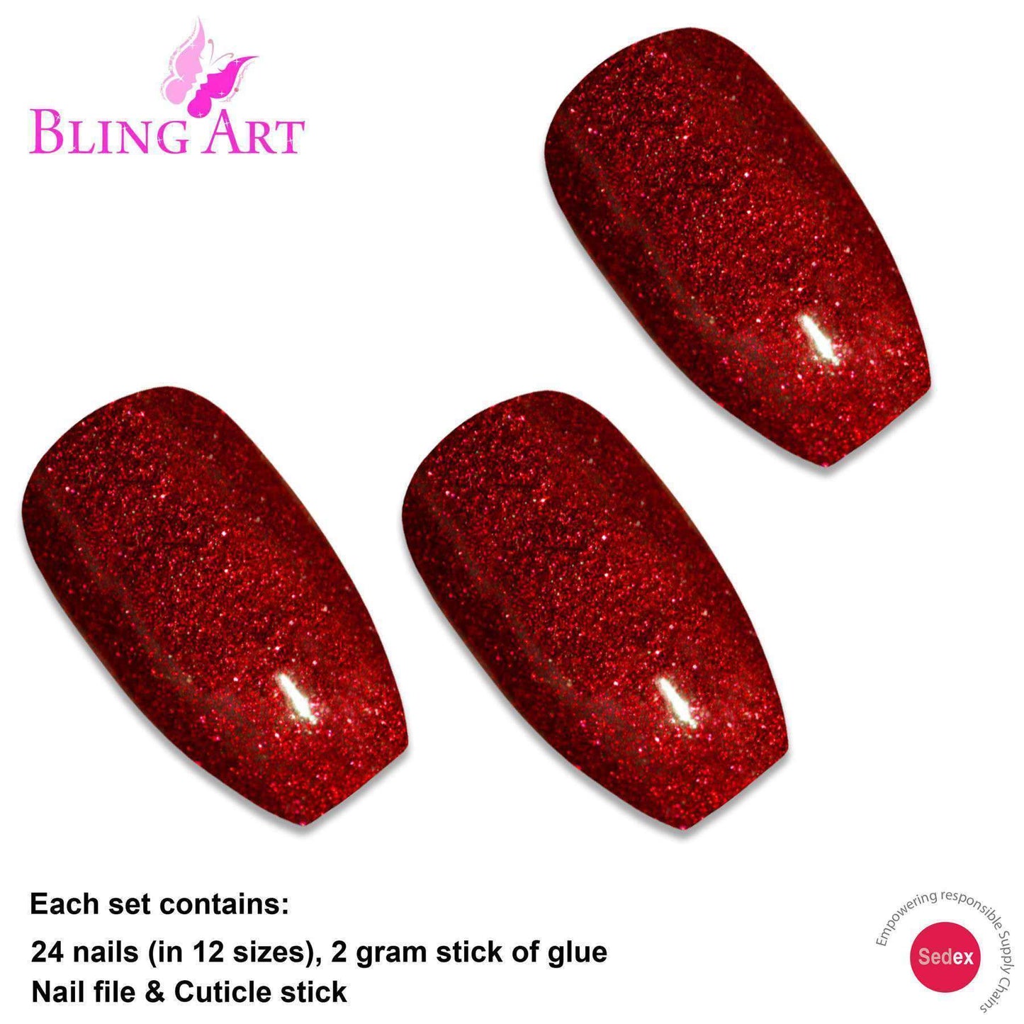 False Nails by Bling Art Red Gel Ballerina Coffin 24 Fake Long Acrylic