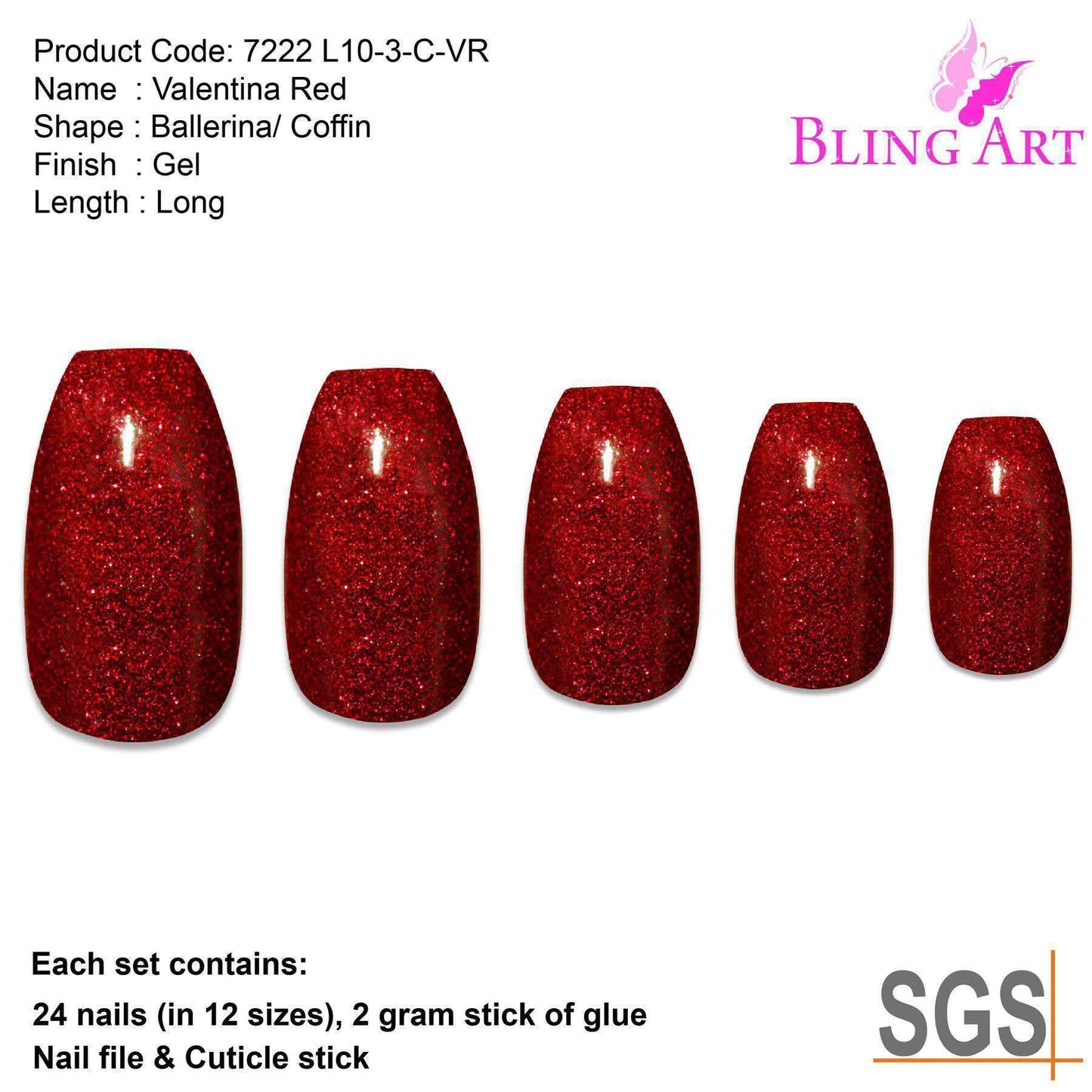 False Nails by Bling Art Red Gel Ballerina Coffin 24 Fake Long Acrylic