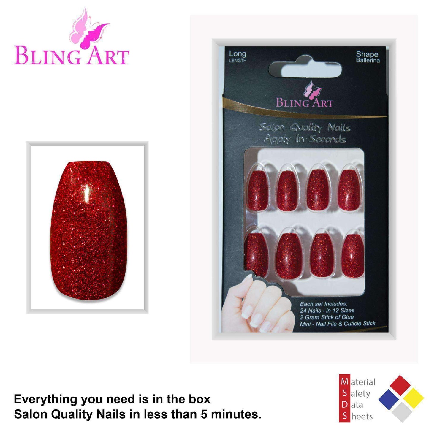 False Nails by Bling Art Red Gel Ballerina Coffin 24 Fake Long Acrylic