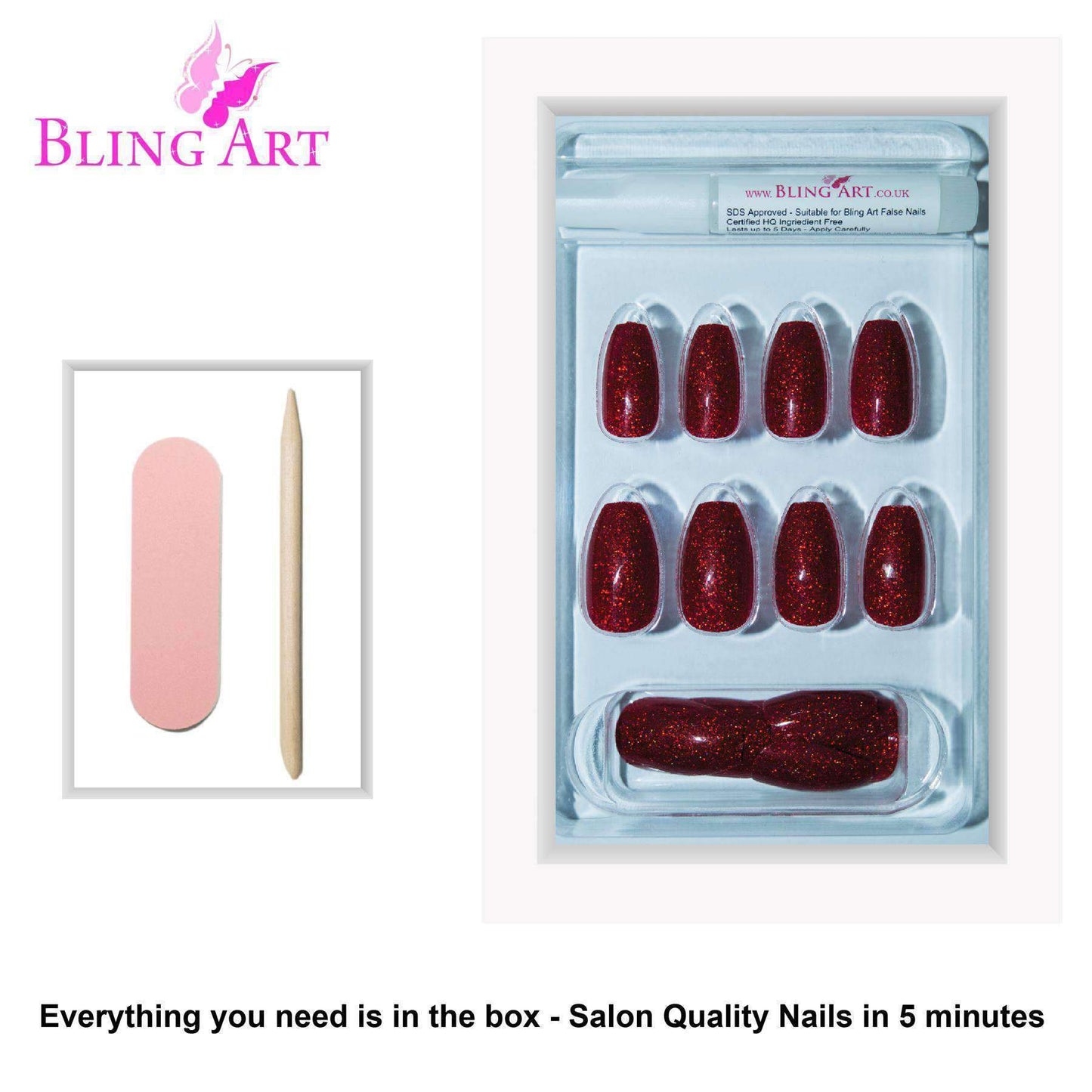 False Nails by Bling Art Red Gel Ballerina Coffin 24 Fake Long Acrylic