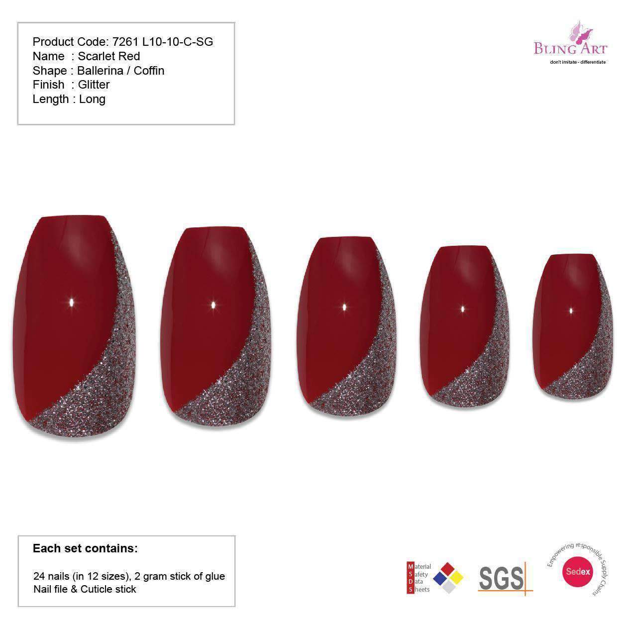 False Nails by Bling Art Red Glitter Ballerina Coffin Acrylic 24 Fake