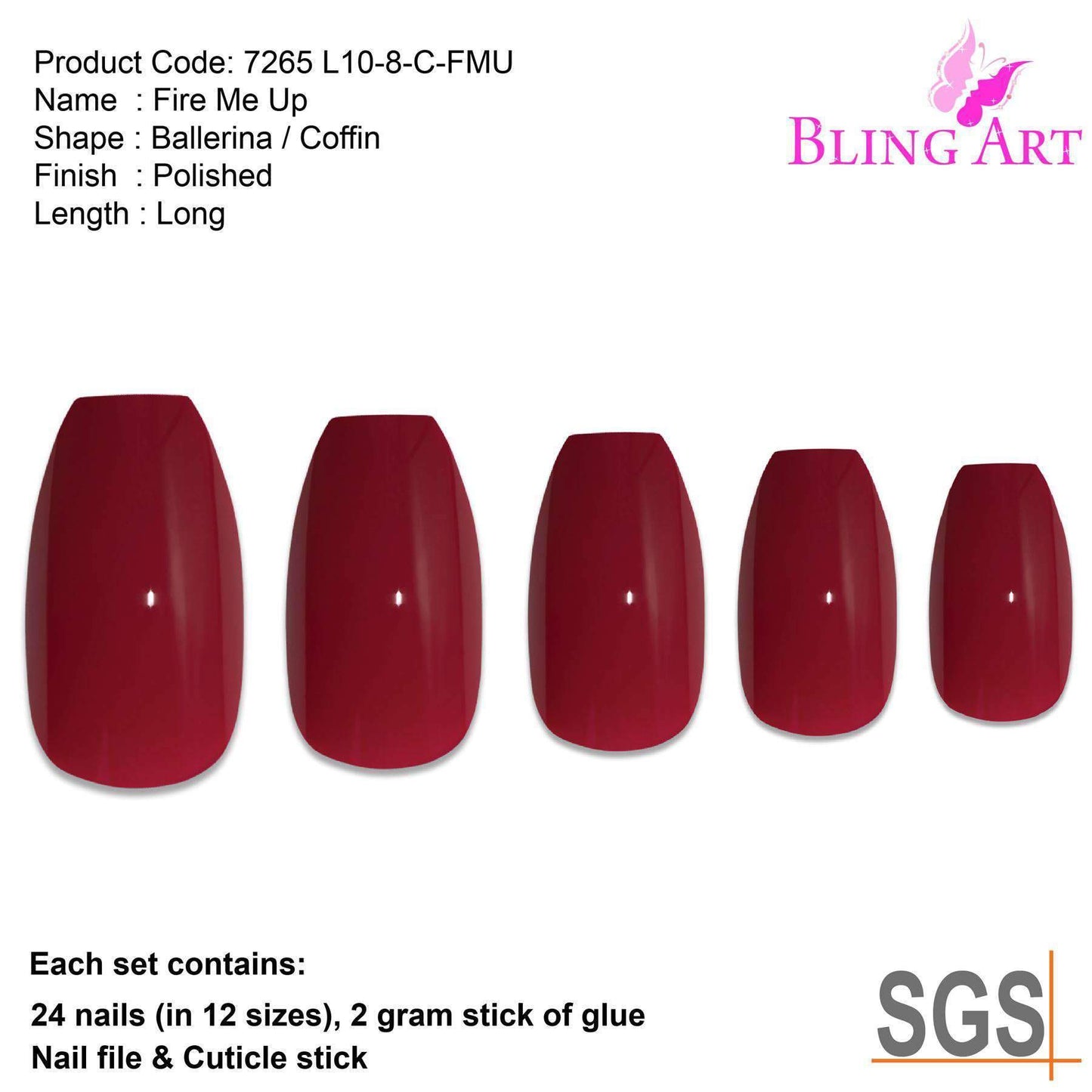 False Nails by Bling Art Red Polished Ballerina Coffin Long Acrylic