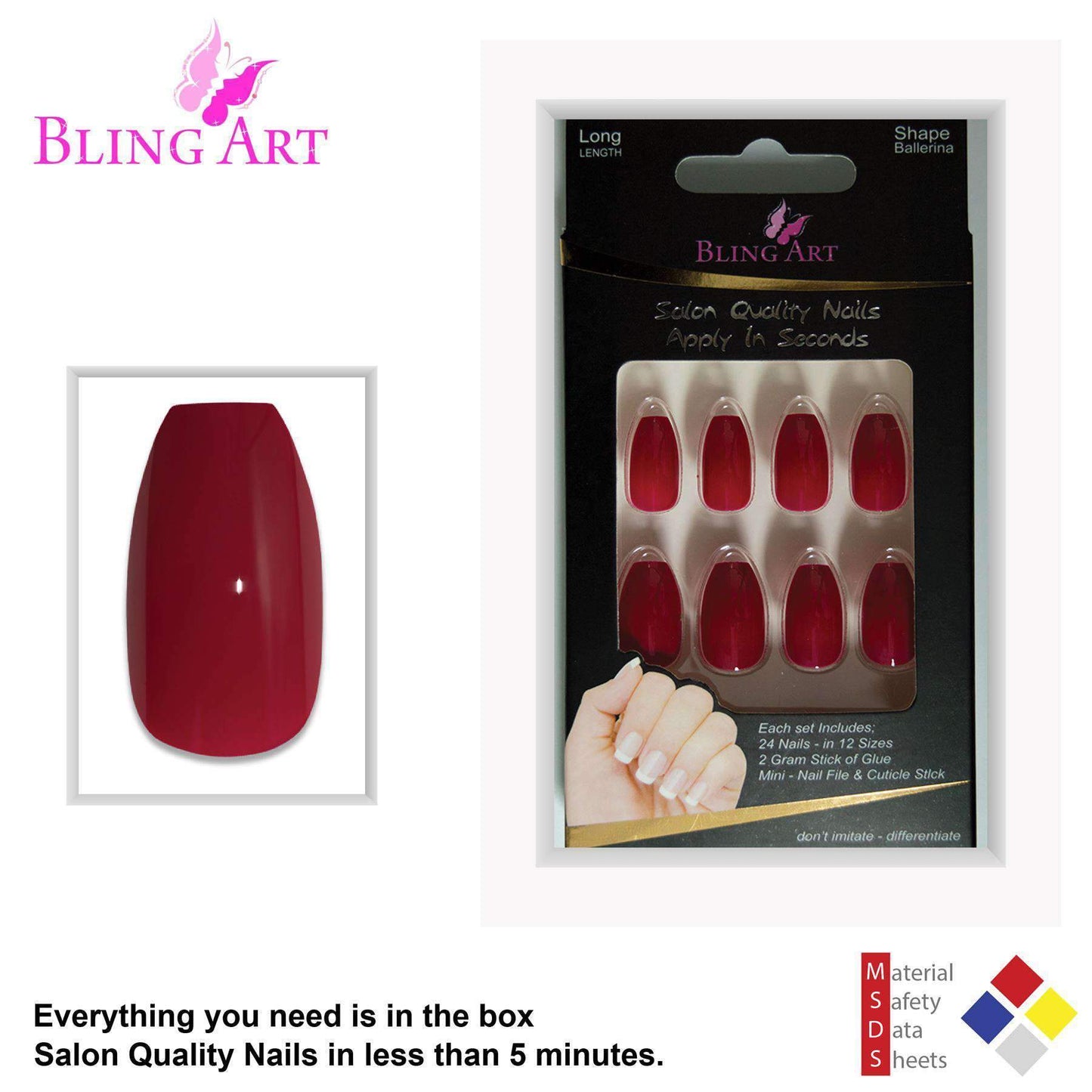 False Nails by Bling Art Red Polished Ballerina Coffin Long Acrylic