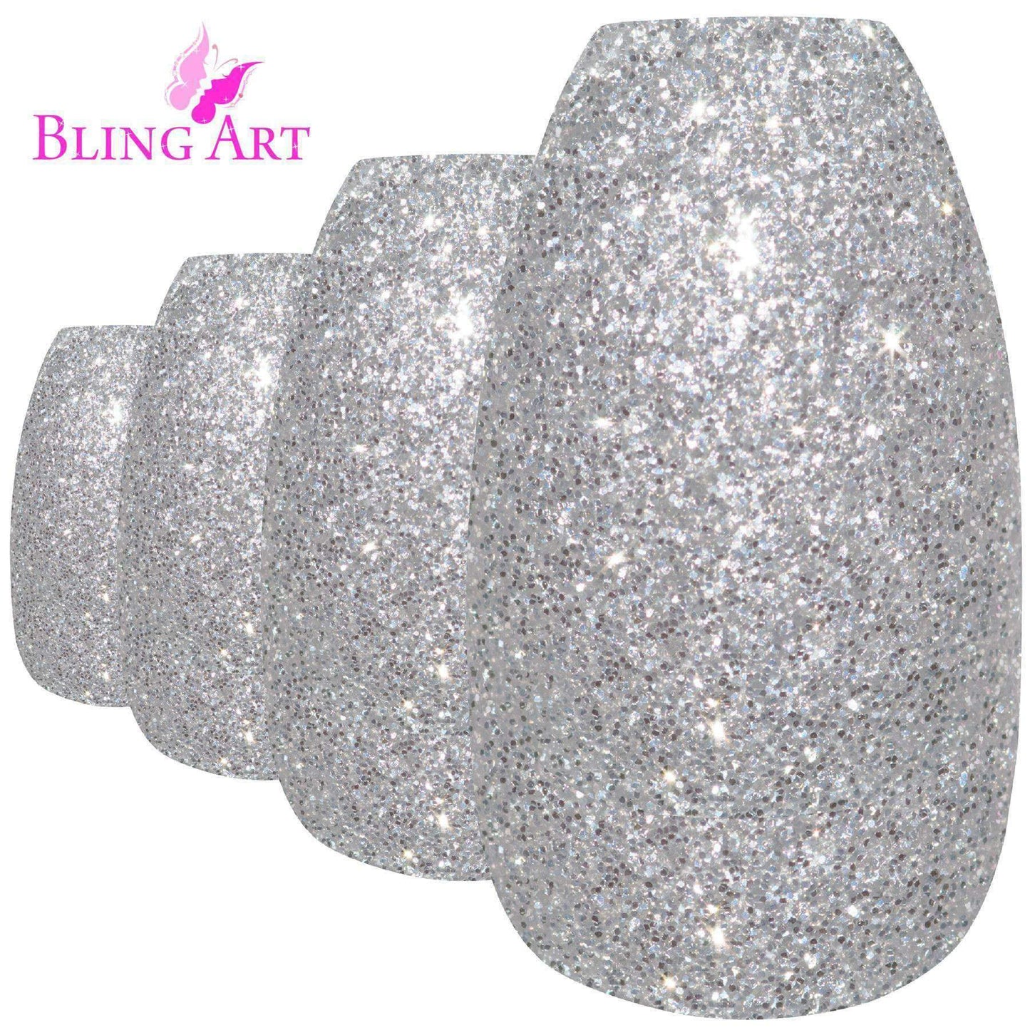 False Nails by Bling Art Silver Gel Ballerina Coffin 24 Fake Long