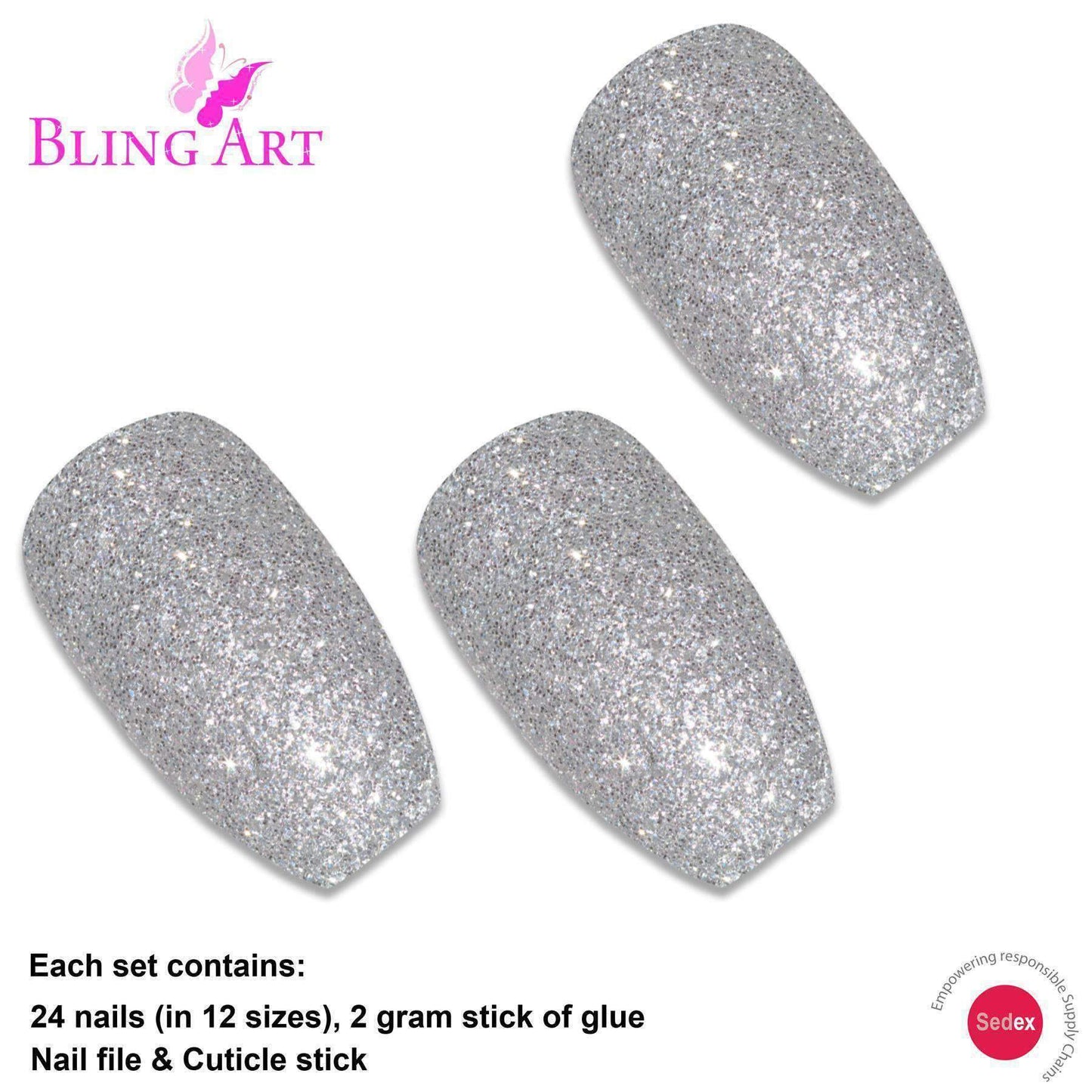 False Nails by Bling Art Silver Gel Ballerina Coffin 24 Fake Long