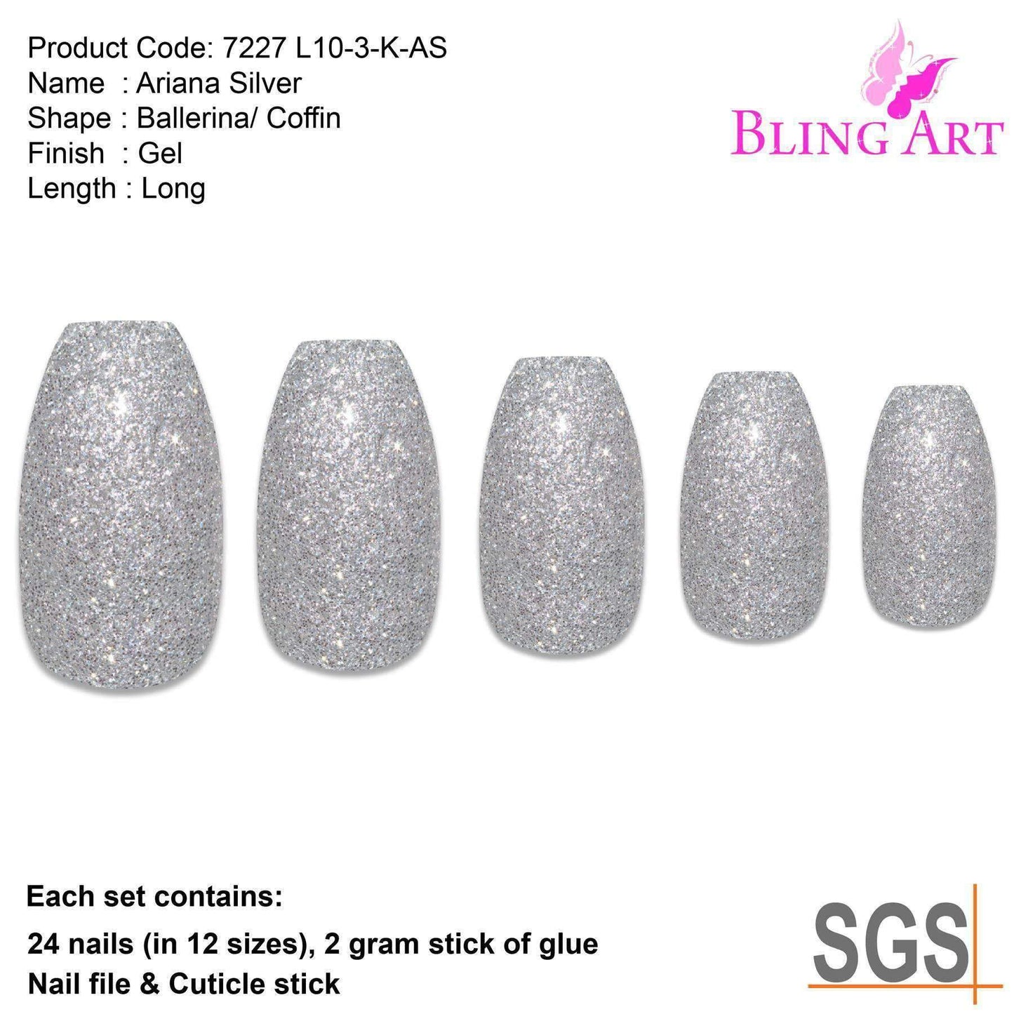 False Nails by Bling Art Silver Gel Ballerina Coffin 24 Fake Long