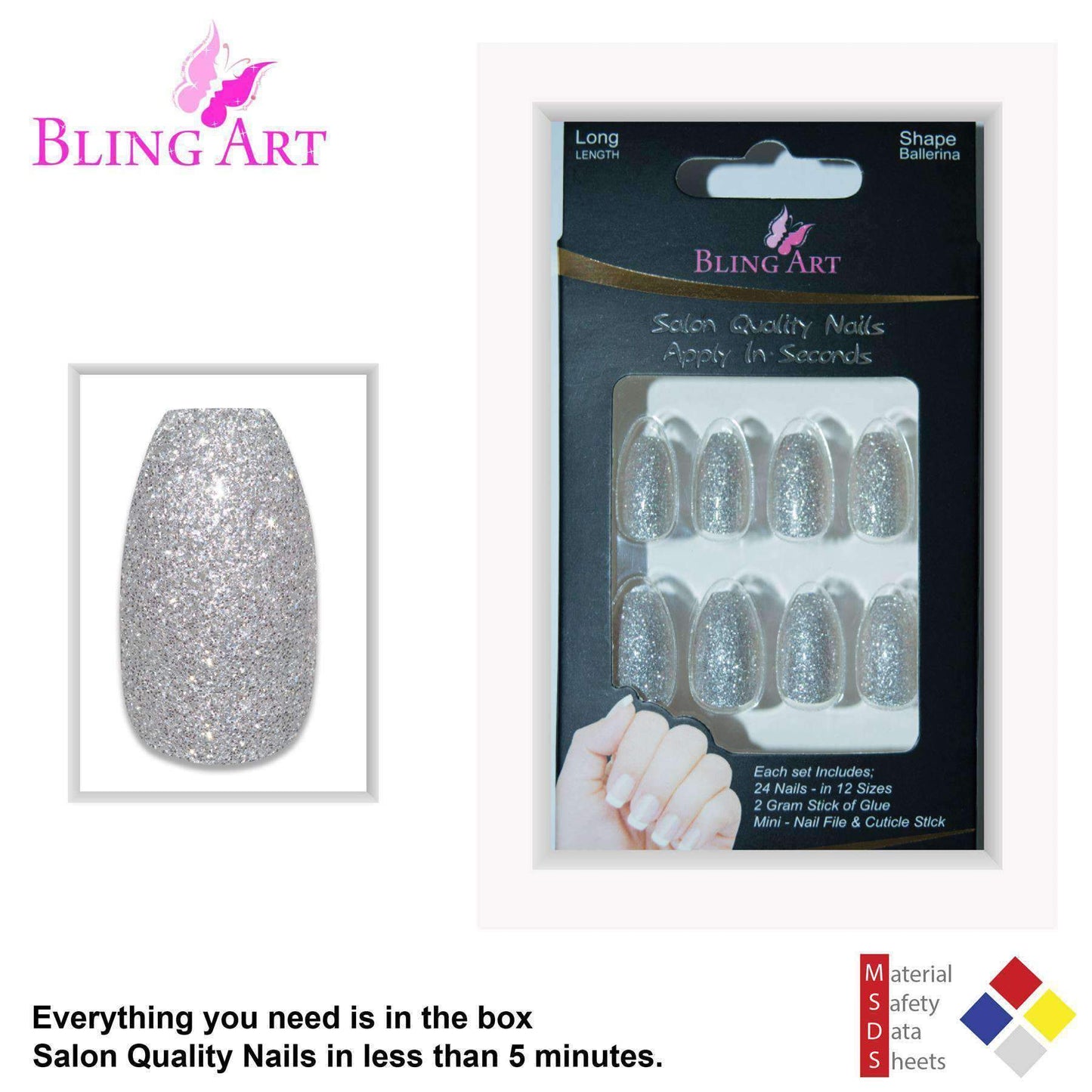 False Nails by Bling Art Silver Gel Ballerina Coffin 24 Fake Long