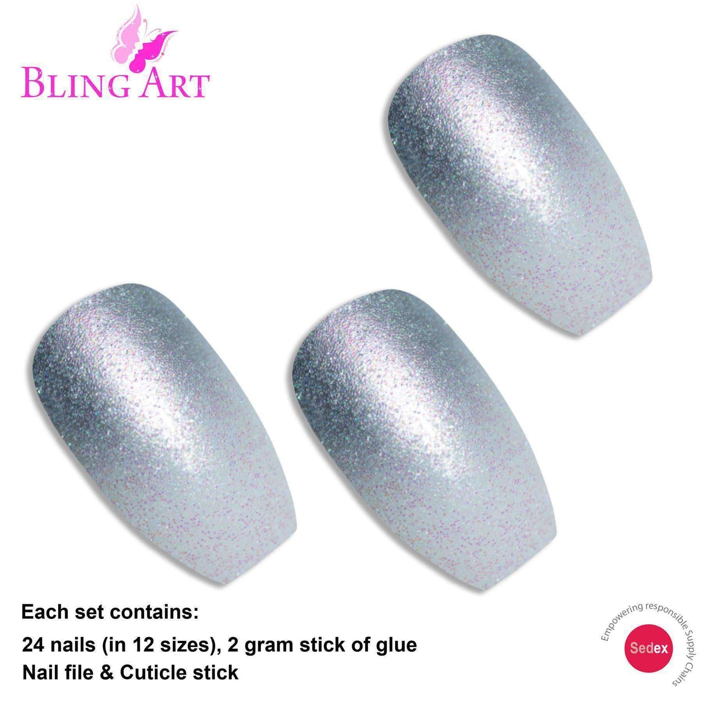 False Nails by Bling Art Silver Gel Ombre Ballerina Coffin 24 Fake