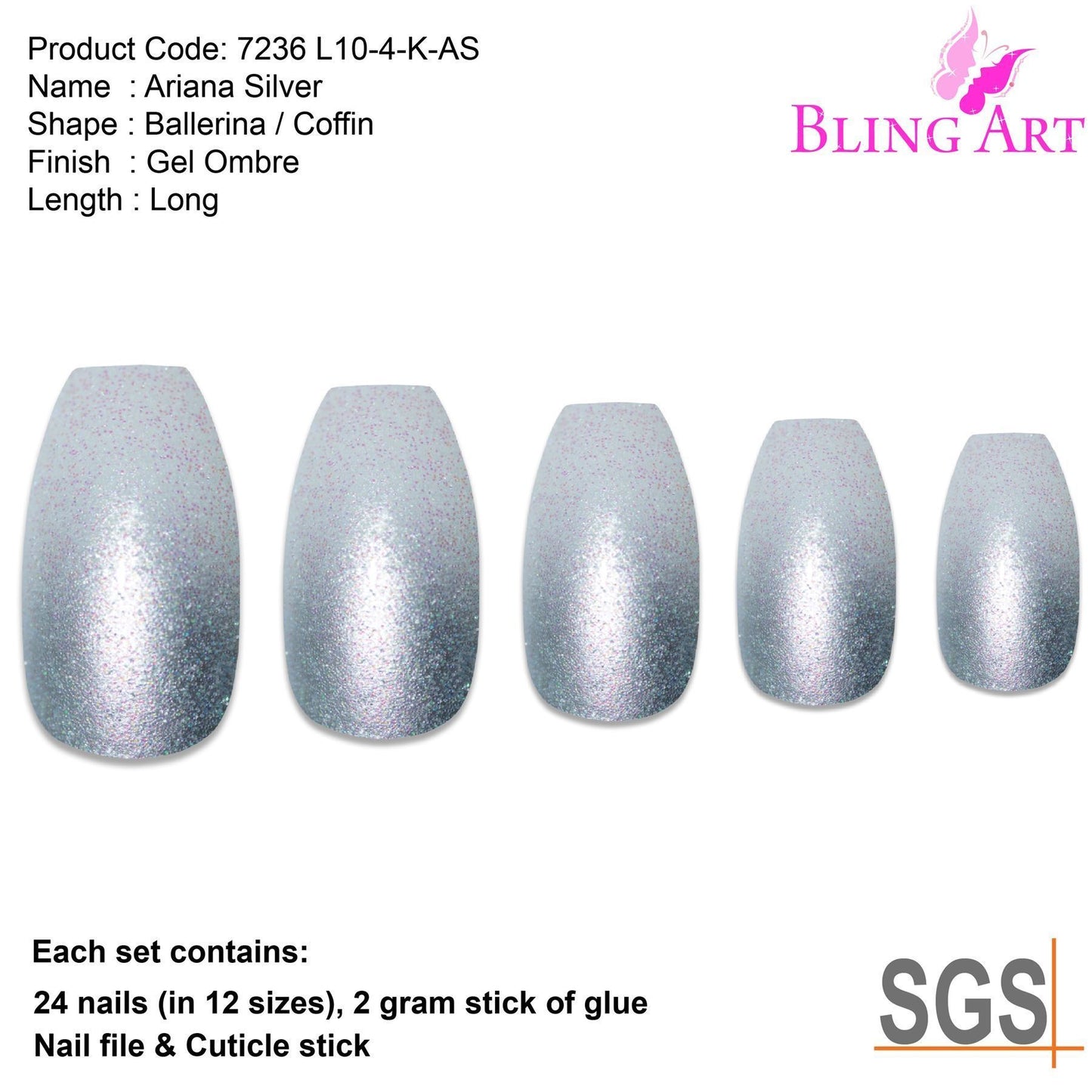 False Nails by Bling Art Silver Gel Ombre Ballerina Coffin 24 Fake