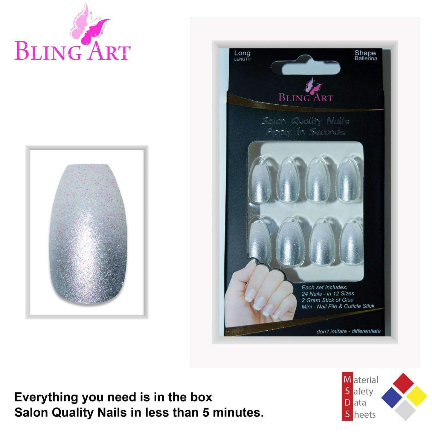 False Nails by Bling Art Silver Gel Ombre Ballerina Coffin 24 Fake