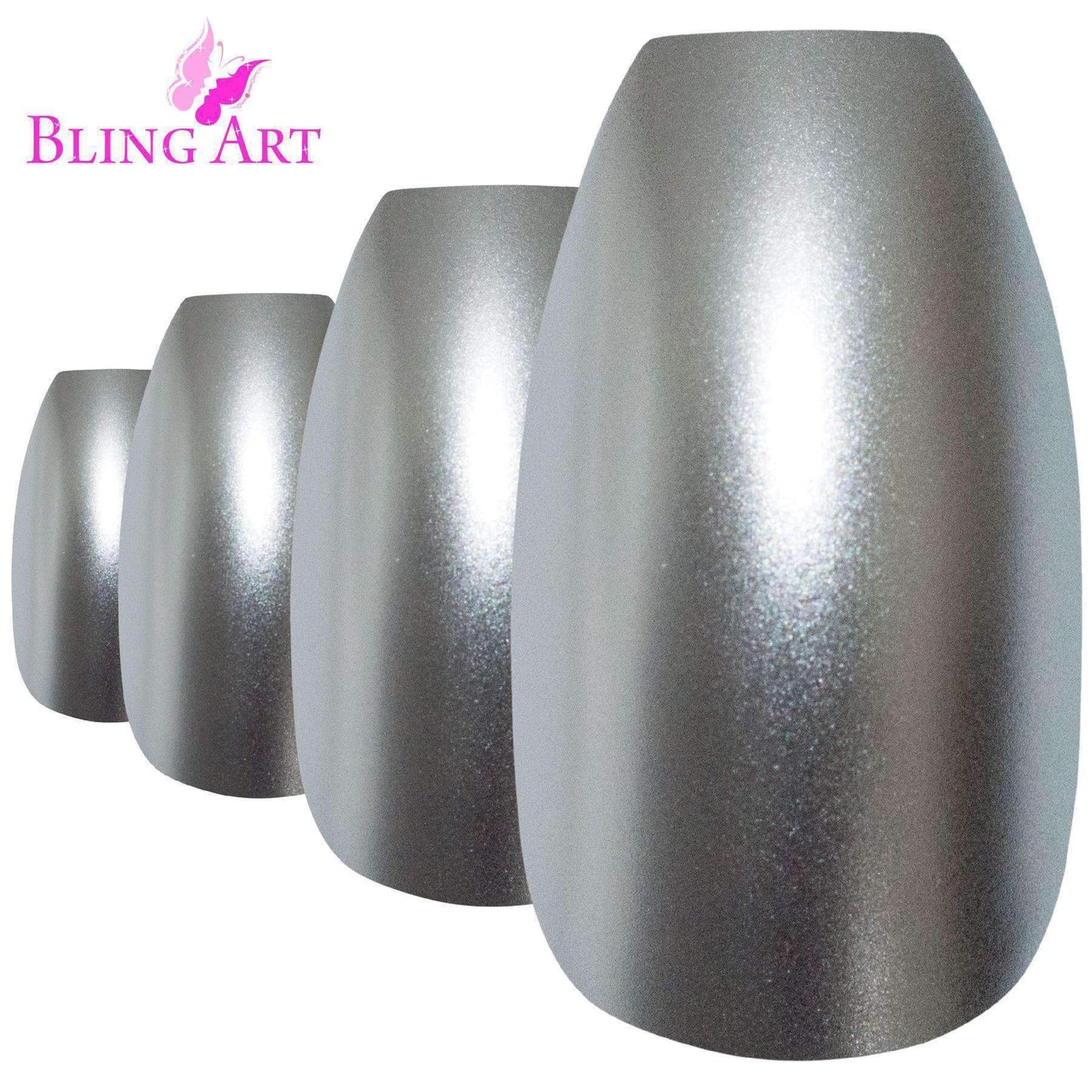 False Nails by Bling Art Silver Matte Metallic Ballerina Coffin Fake