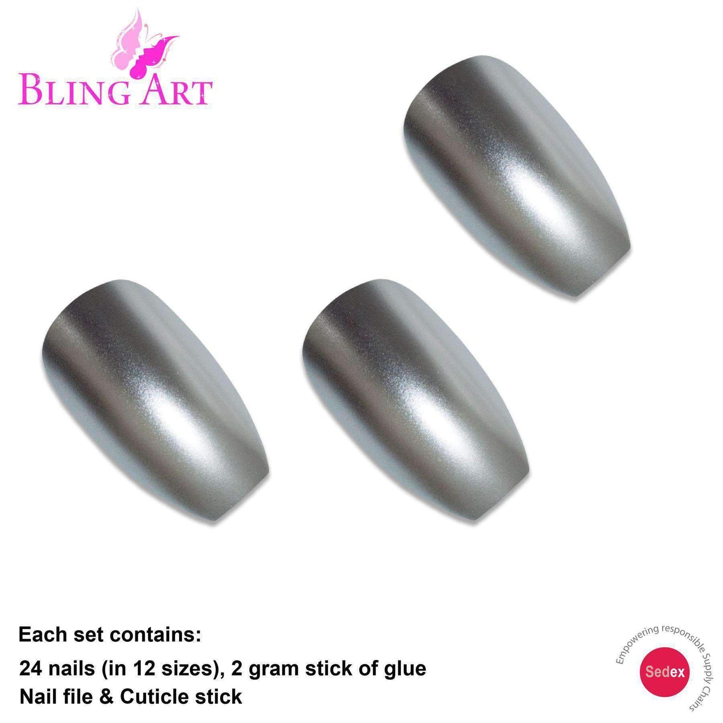 False Nails by Bling Art Silver Matte Metallic Ballerina Coffin Fake