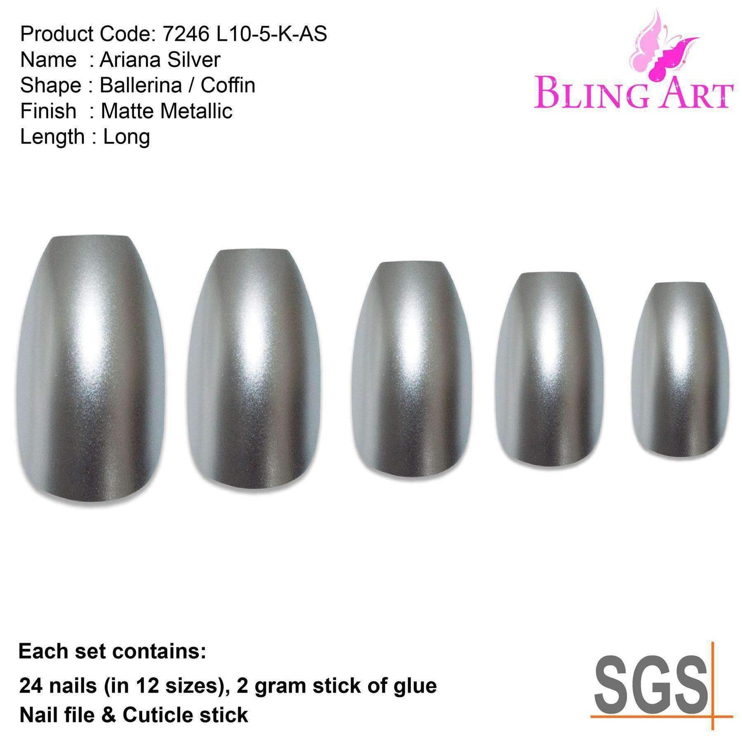 False Nails by Bling Art Silver Matte Metallic Ballerina Coffin Fake