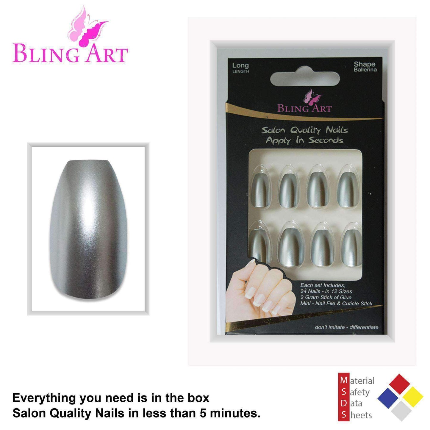 False Nails by Bling Art Silver Matte Metallic Ballerina Coffin Fake