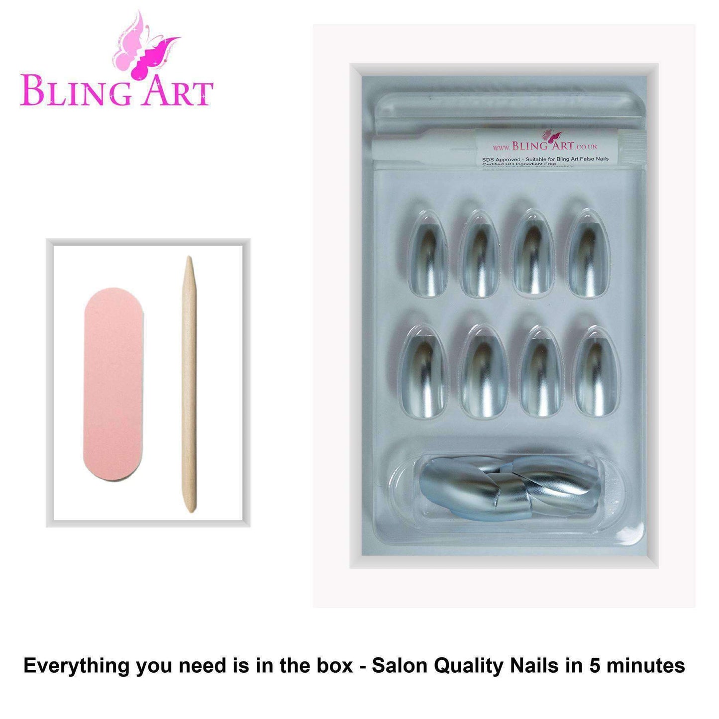 False Nails by Bling Art Silver Matte Metallic Ballerina Coffin Fake