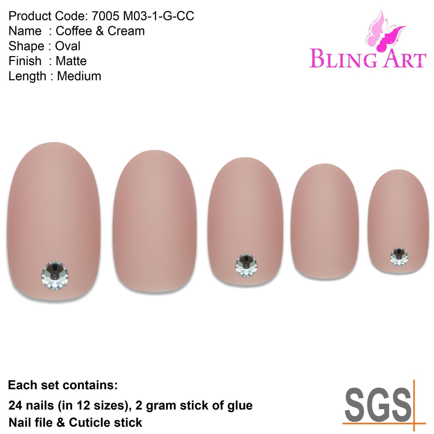 False Nails by Bling Art Beige Matte Oval Medium Fake Acrylic Tips