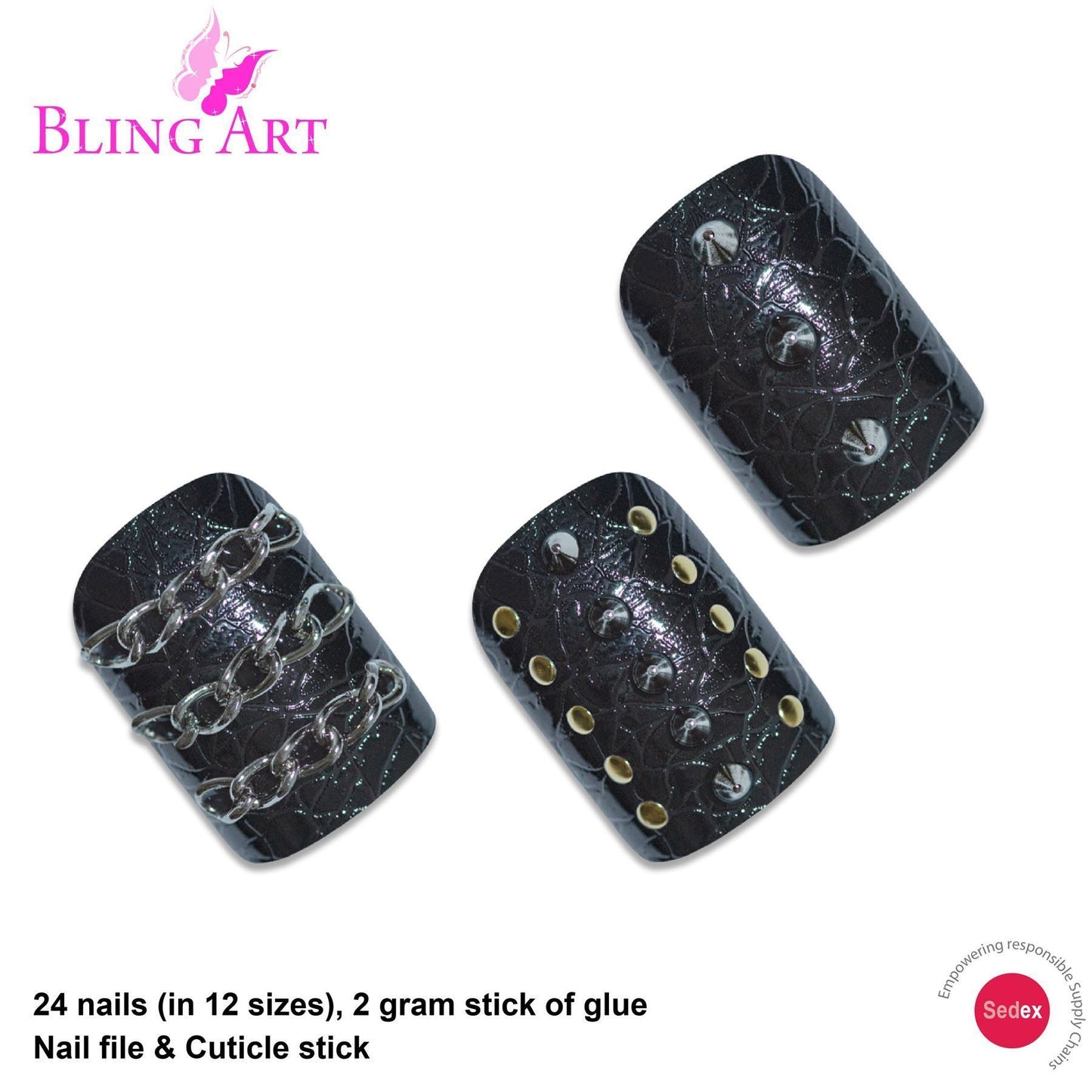 False Nails by Bling Art Black Punk French Squoval 24 Fake Medium