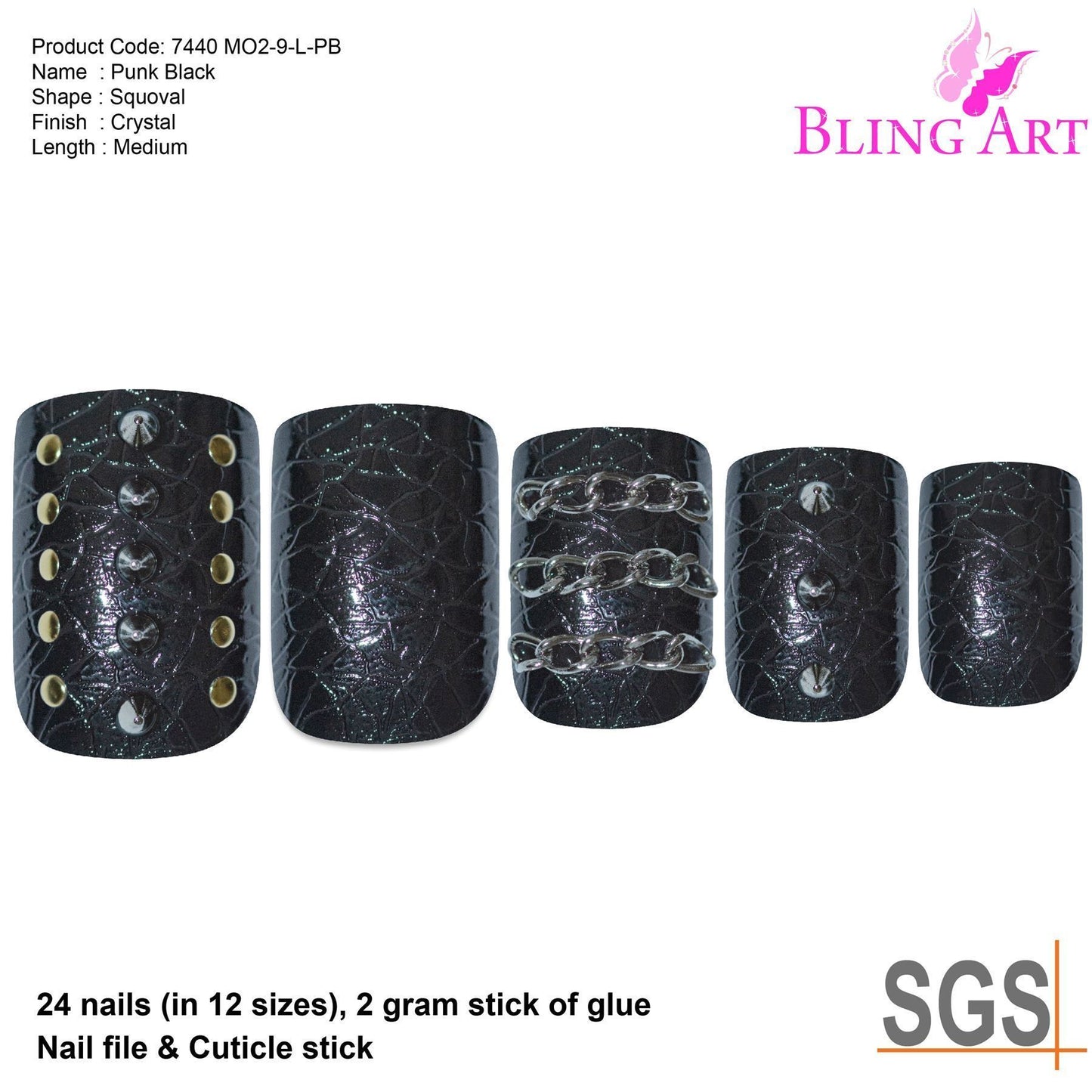 False Nails by Bling Art Black Punk French Squoval 24 Fake Medium