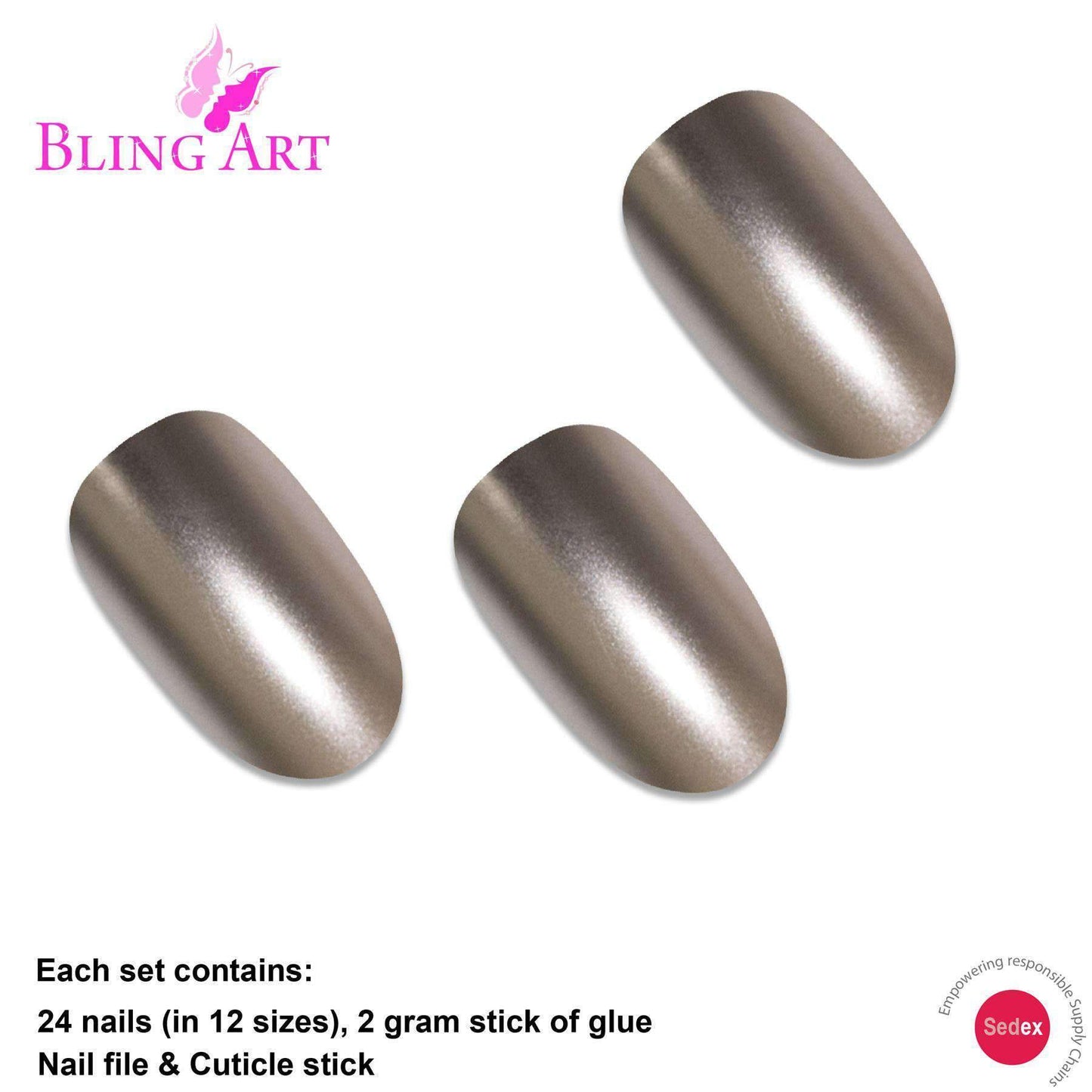 False Nails by Bling Art Beige Matte Metallic Oval Medium Fake Acrylic