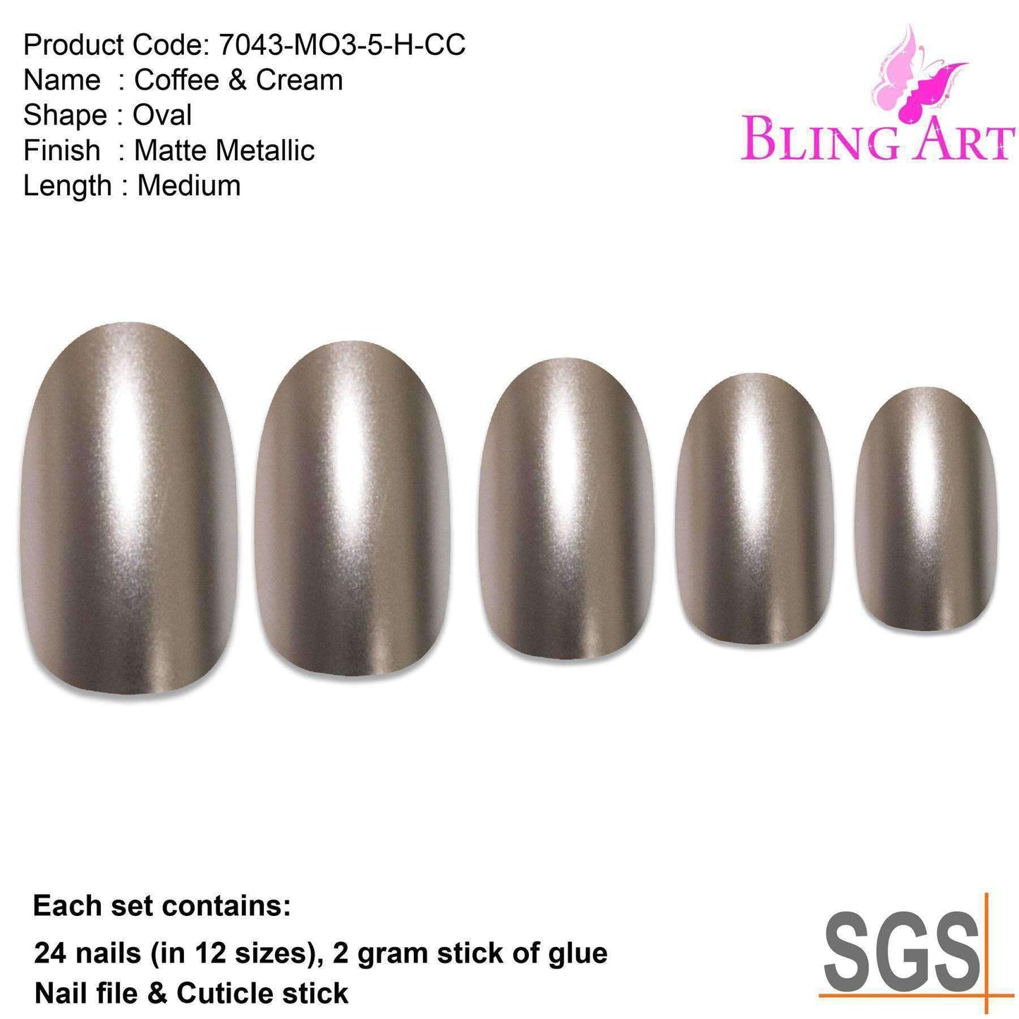 False Nails by Bling Art Beige Matte Metallic Oval Medium Fake Acrylic