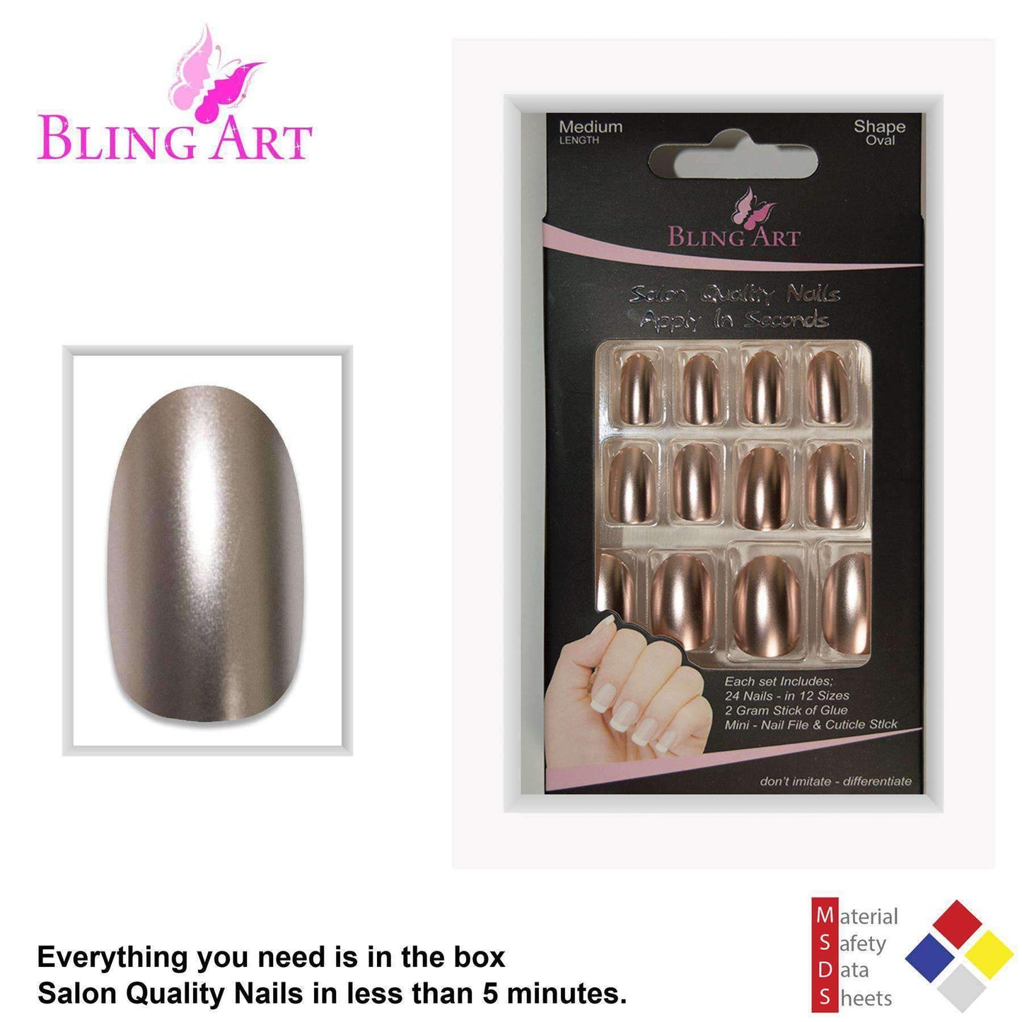 False Nails by Bling Art Beige Matte Metallic Oval Medium Fake Acrylic