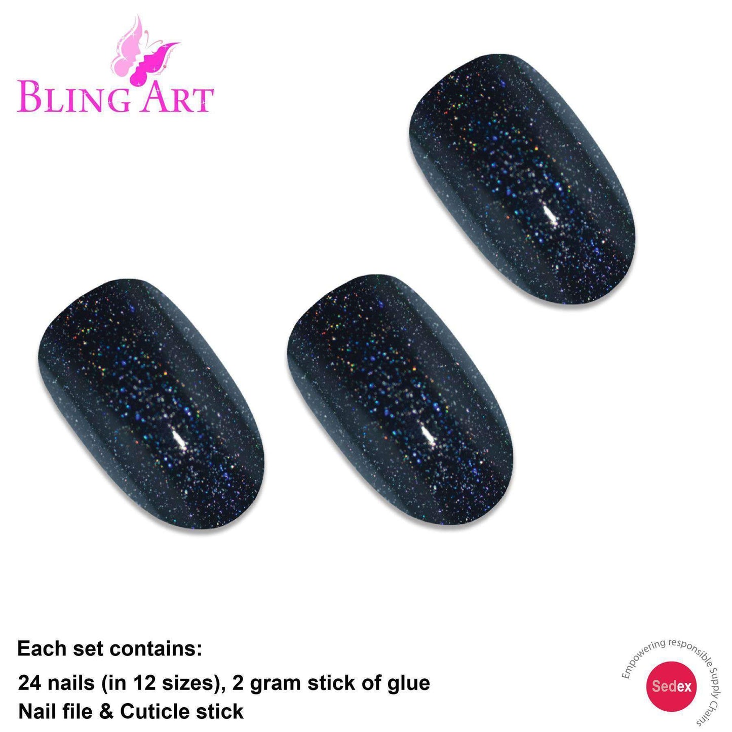 False Nails by Bling Art Black Gel Oval Medium Fake Acrylic 24 Tips