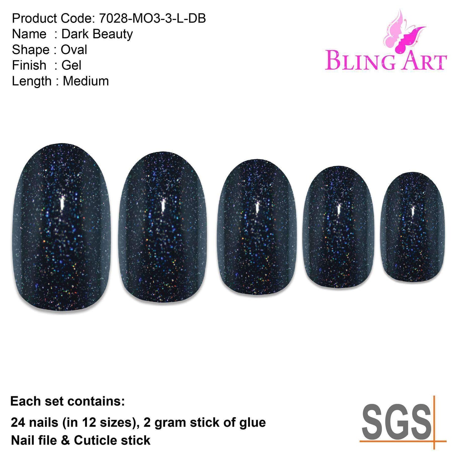 False Nails by Bling Art Black Gel Oval Medium Fake Acrylic 24 Tips