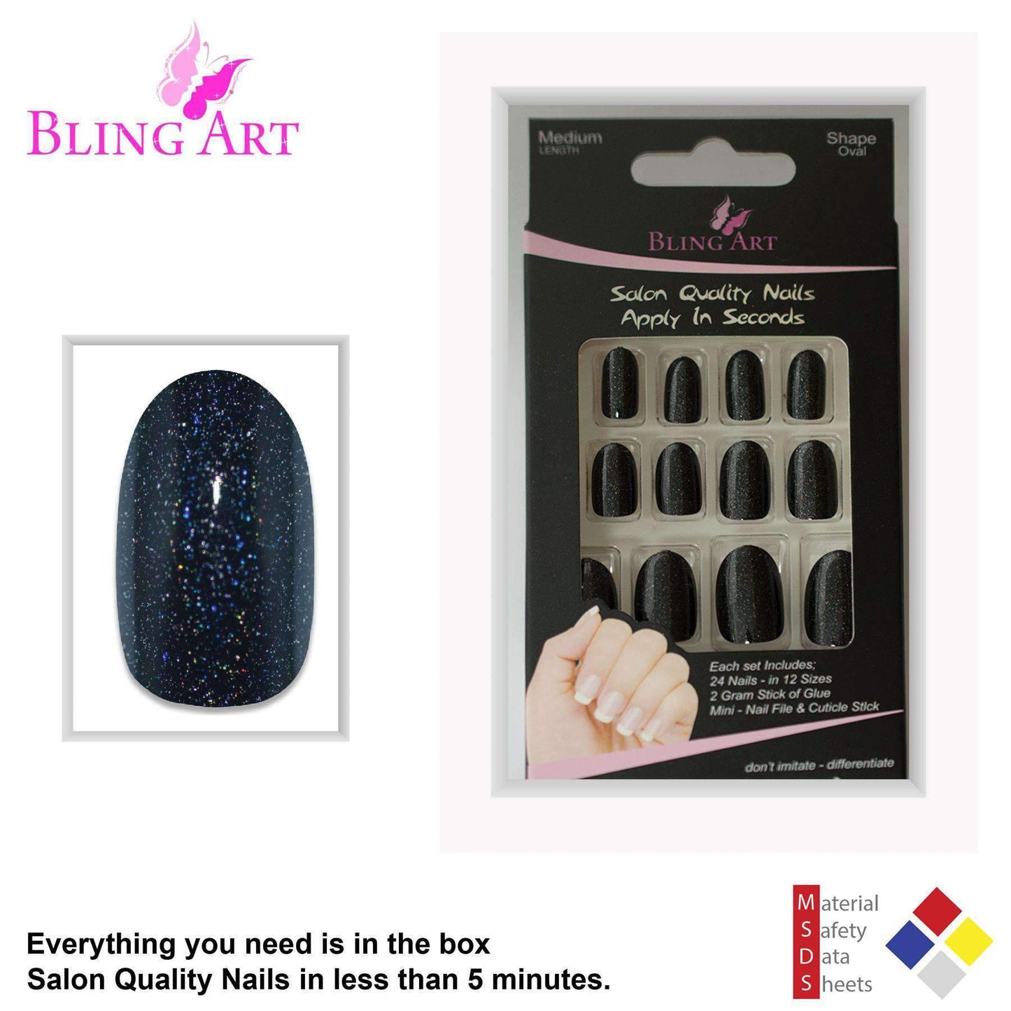 False Nails by Bling Art Black Gel Oval Medium Fake Acrylic 24 Tips