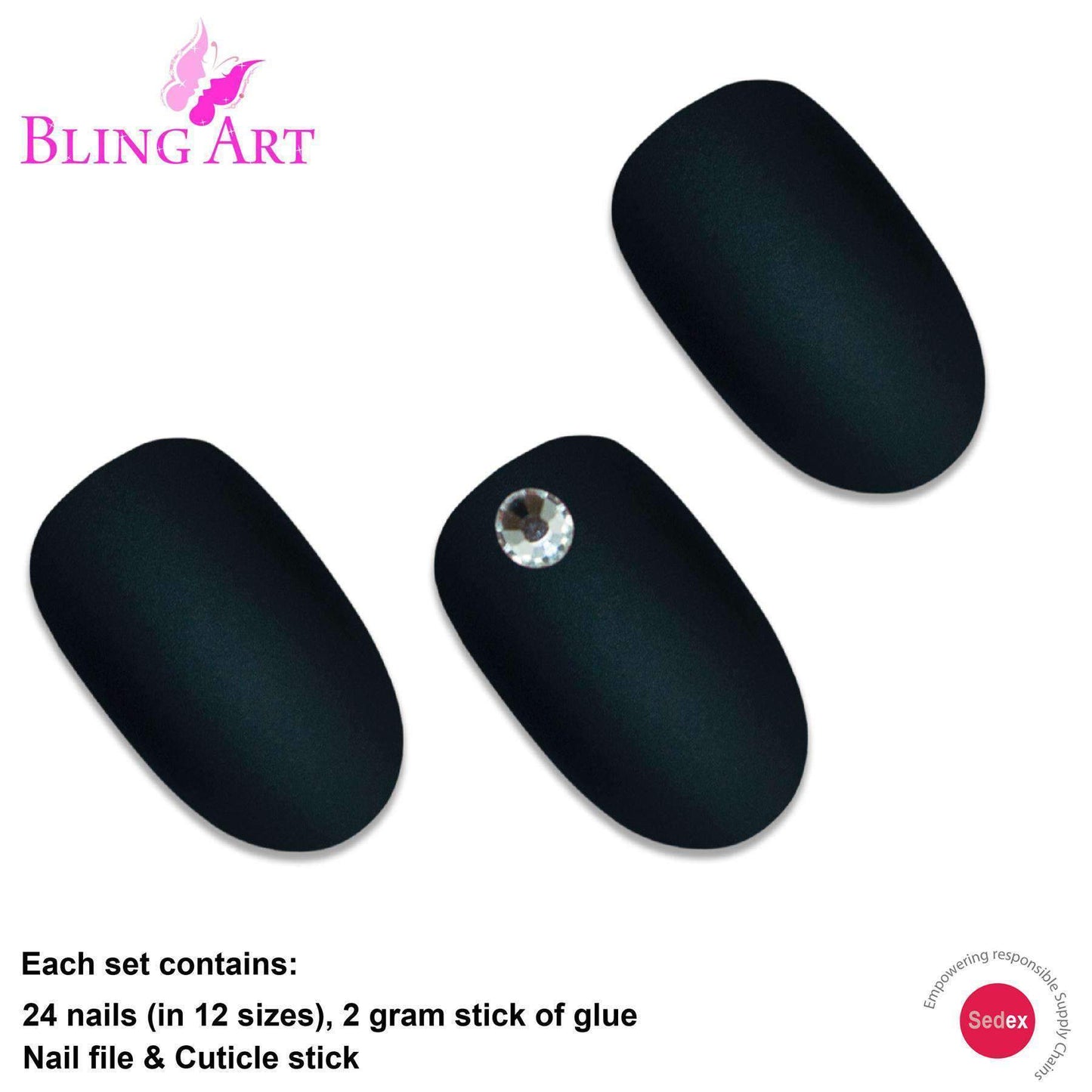 False Nails by Bling Art Black Matte Oval Medium Fake Acrylic 24 Tips