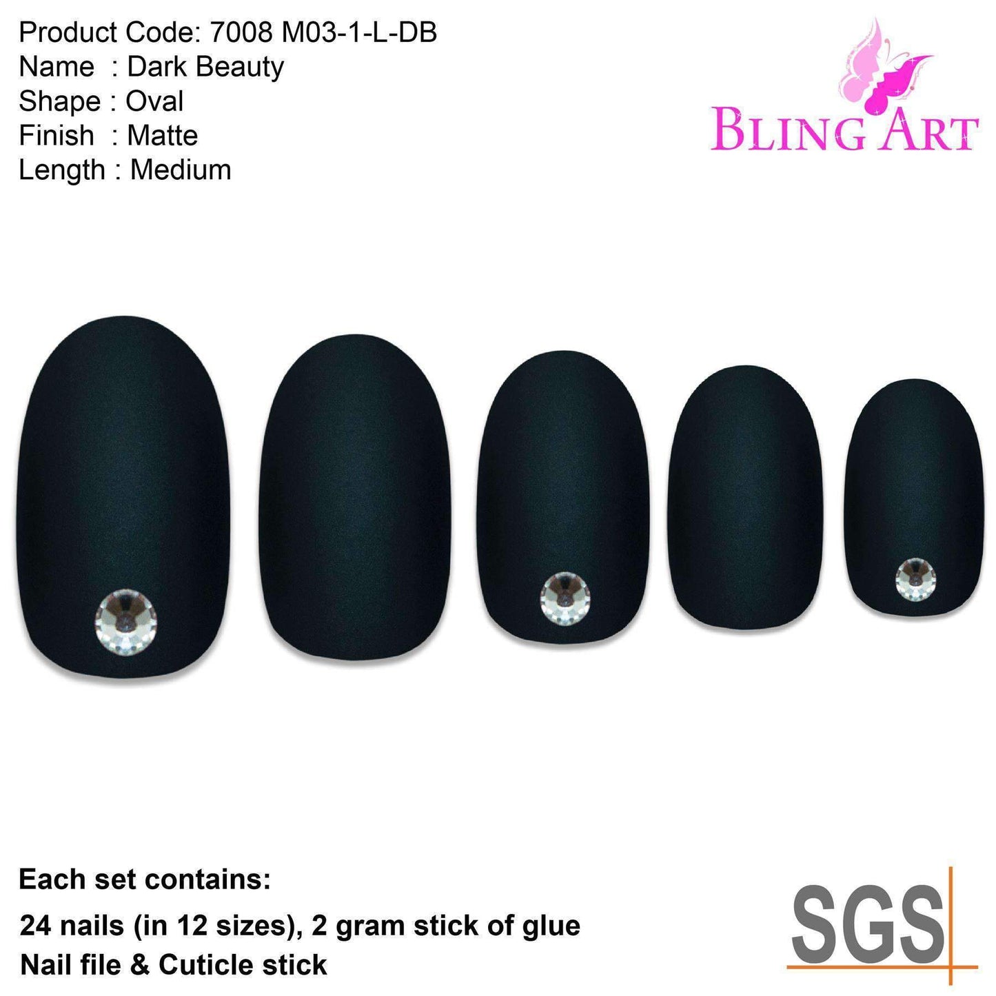 False Nails by Bling Art Black Matte Oval Medium Fake Acrylic 24 Tips