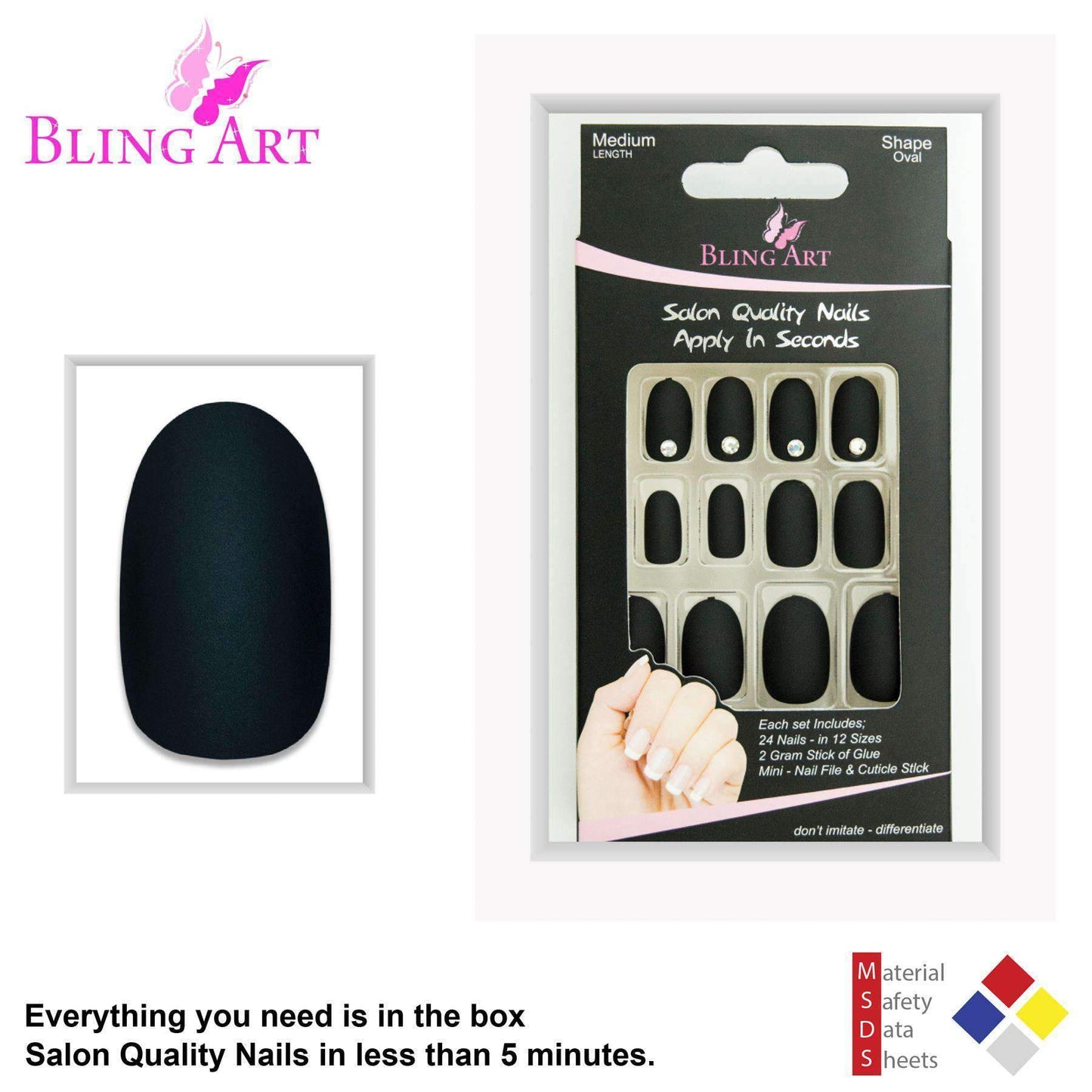 False Nails by Bling Art Black Matte Oval Medium Fake Acrylic 24 Tips