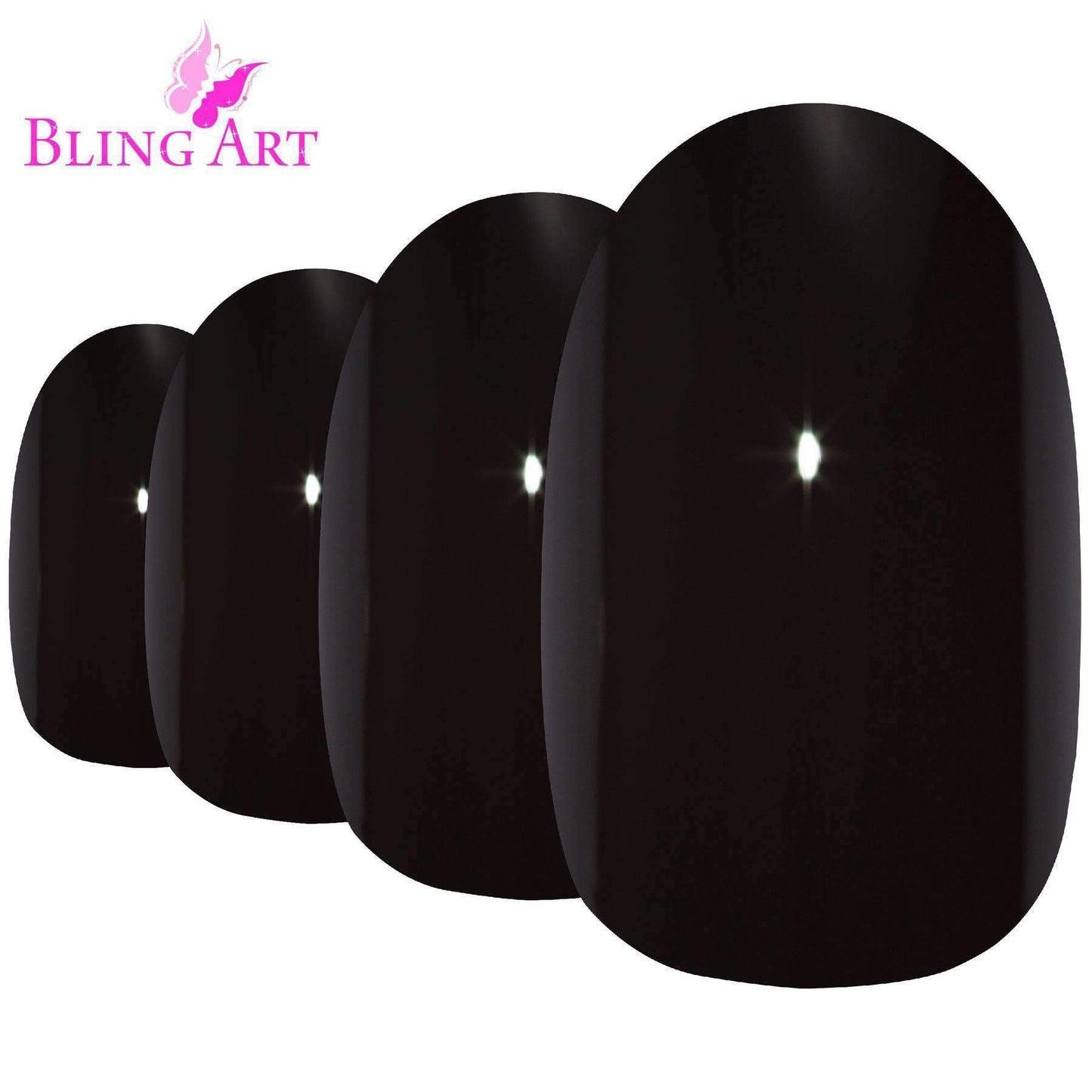 False Nails by Bling Art Black Polished Oval Medium Fake 24 Acrylic