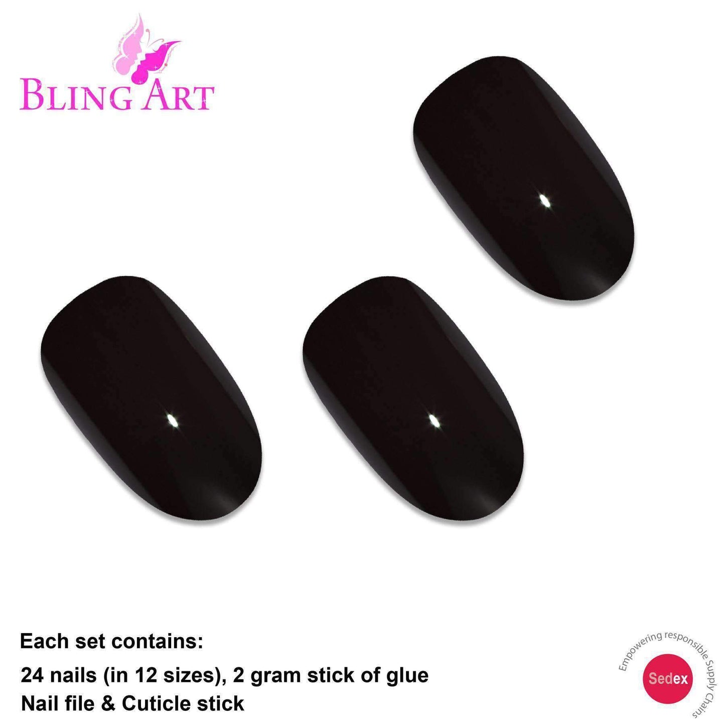 False Nails by Bling Art Black Polished Oval Medium Fake 24 Acrylic