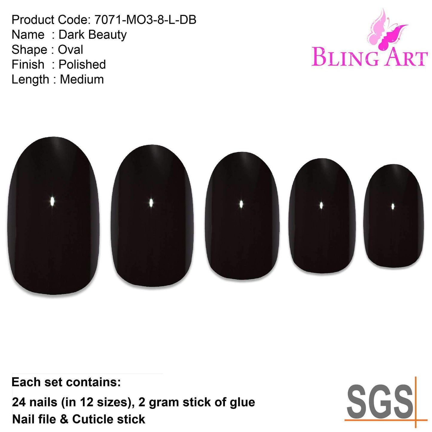 False Nails by Bling Art Black Polished Oval Medium Fake 24 Acrylic